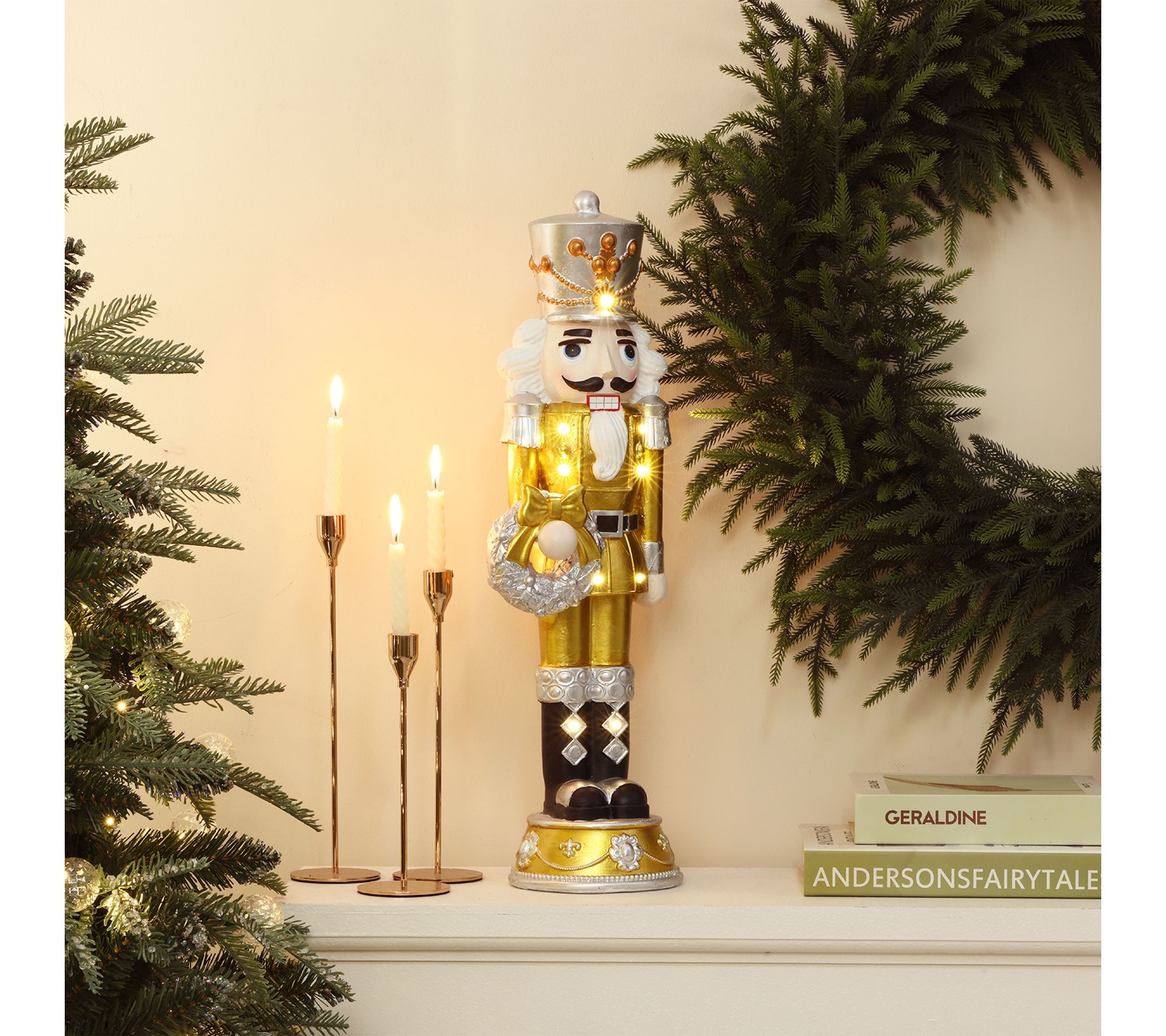 LuxenHome 2ft Lighted Gold Nutcracker with Silver Wreath