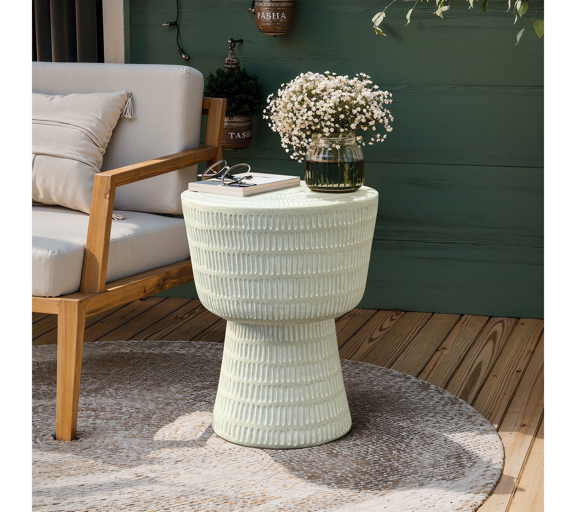 LuxenHome Off-White Round Spiral Pattern PatioSide Table