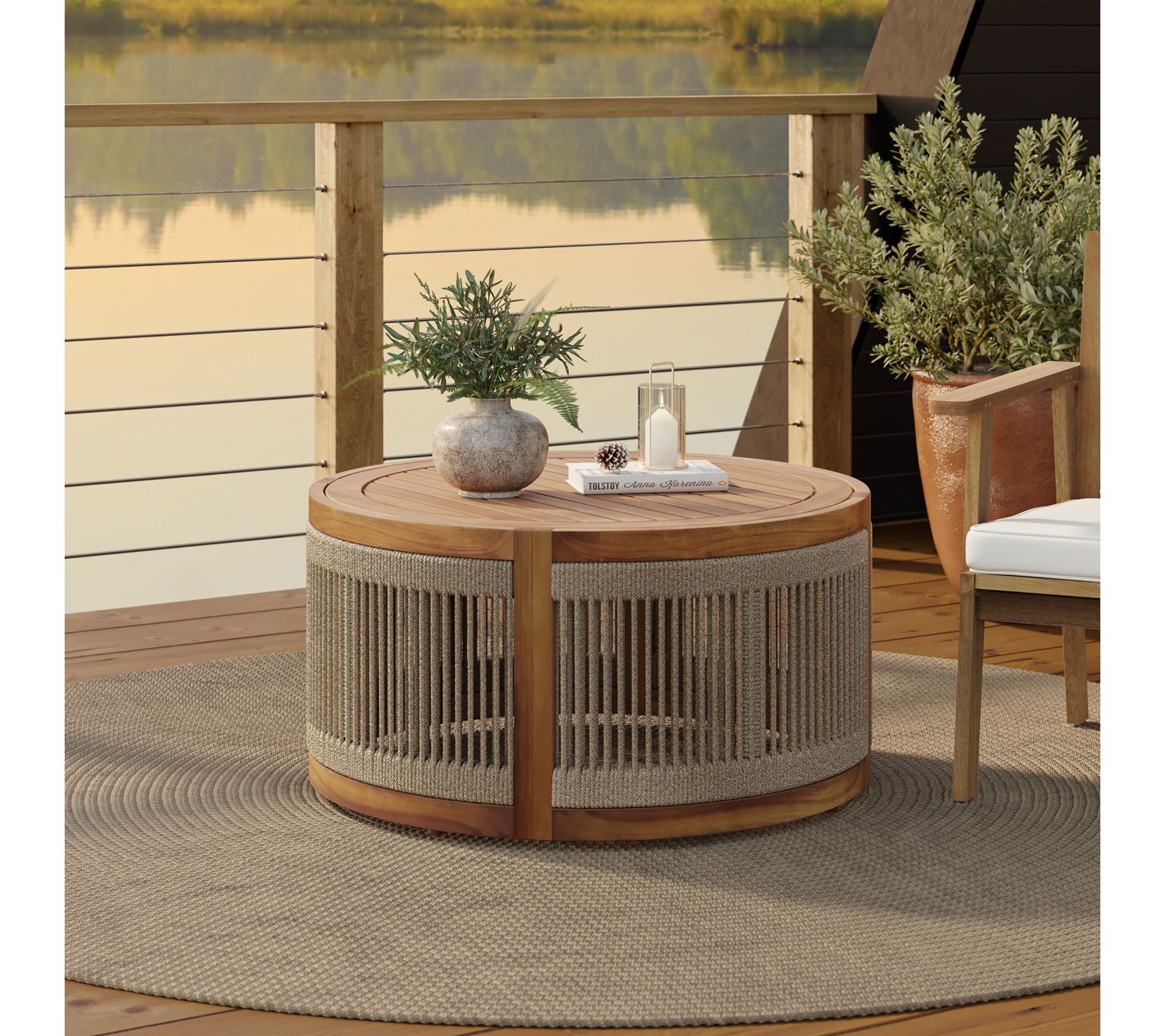 LuxenHome Patio Acacia Wood Rope Sides Round Drum Coffee Table