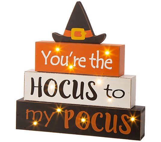 Glitzhome Halloween Wooden LED Witch & Word Block Table Decor