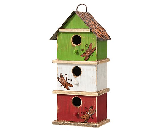 Glitzhome Multicolored Three-Tiered Distressed Wood Birdhouse