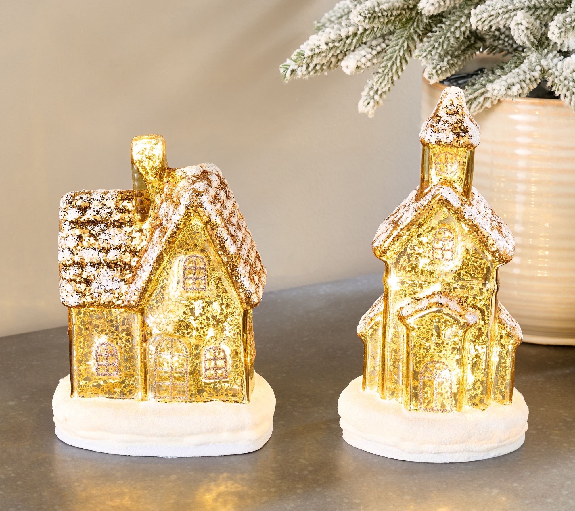 2-Piece Lit Mercury Glass Church and Cottage by Valerie