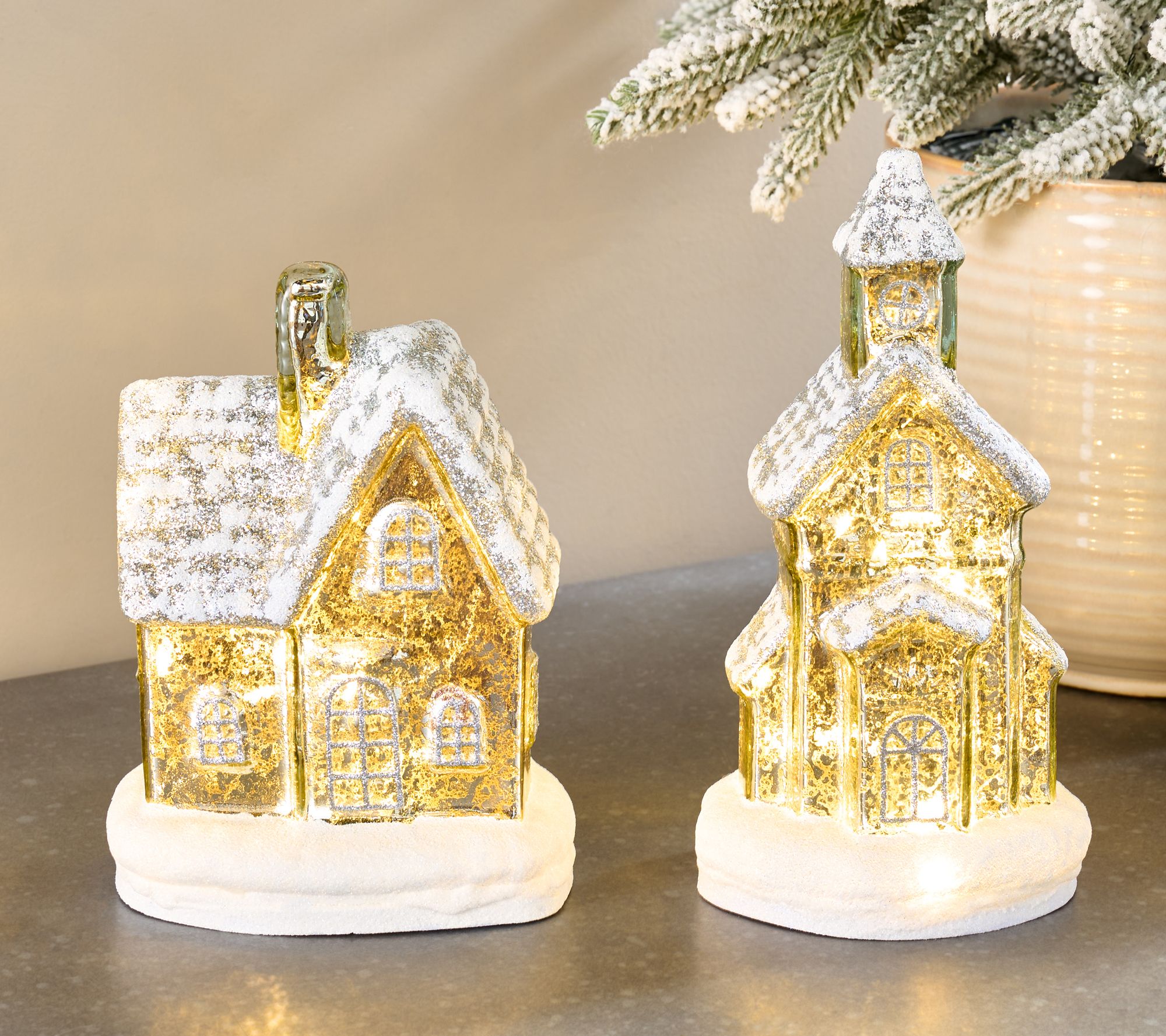 2-Piece Lit Mercury Glass Church and Cottage by Valerie