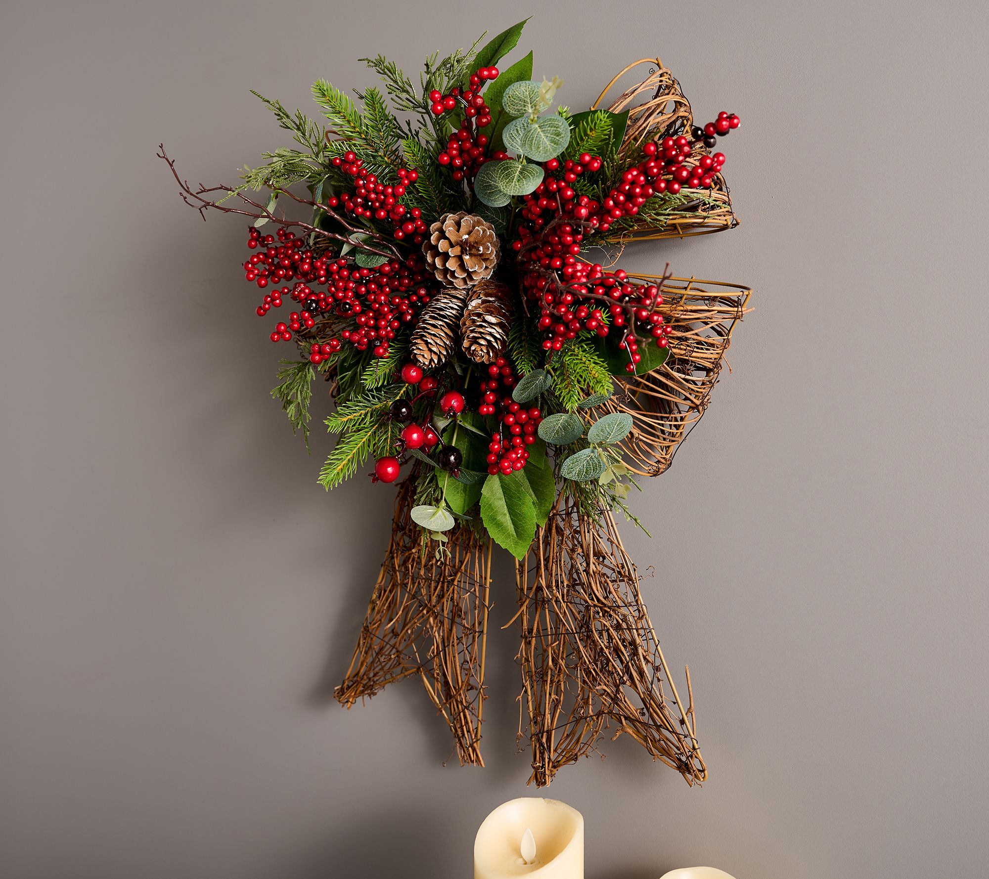 "As Is" Berries and Pine on Grapevine Bow by Valerie