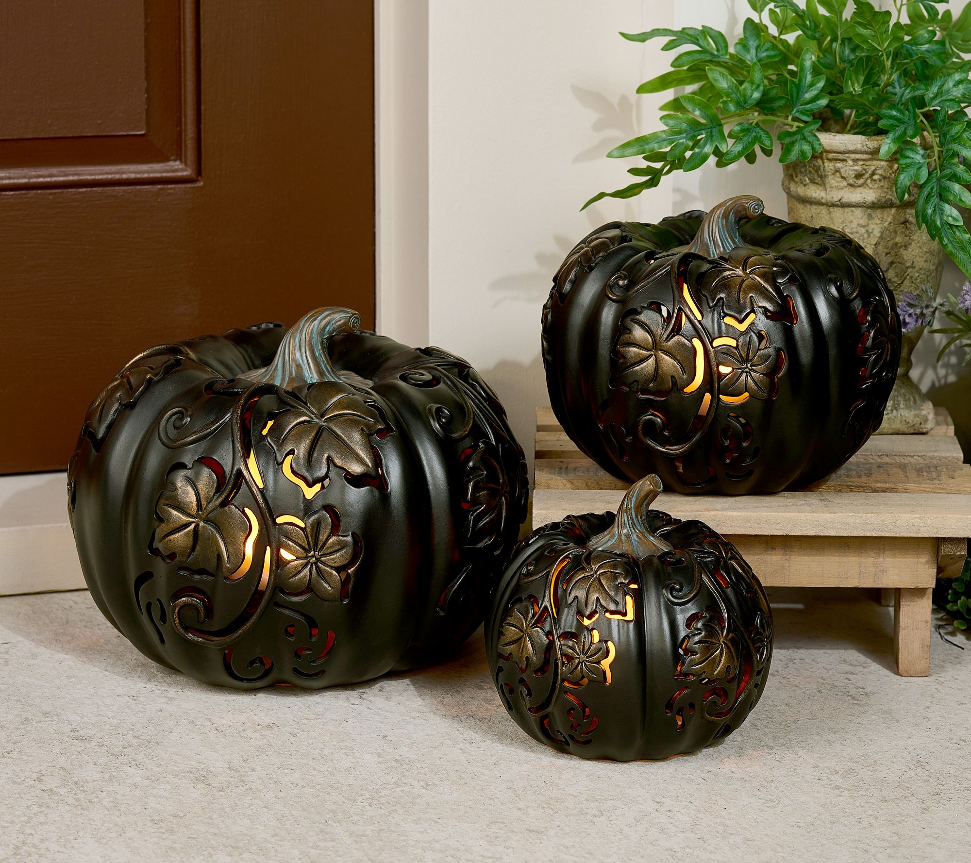 3-Piece Indoor/ Outdoor Flicker Flame Stacking Pumpkins by Valerie