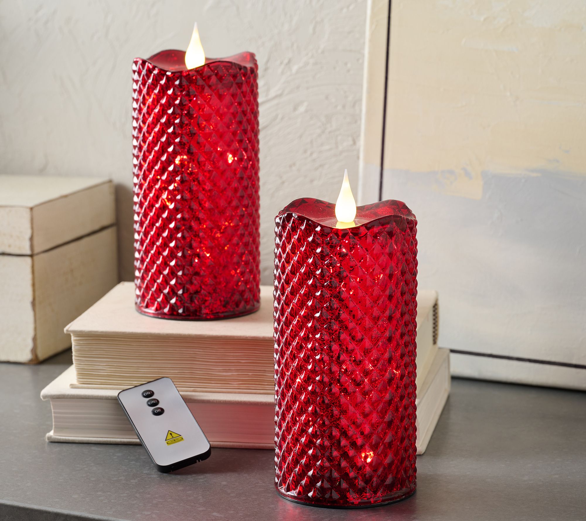  Set of 2 (8") Lit Diamond Design Candles w/ Remote by Valerie
