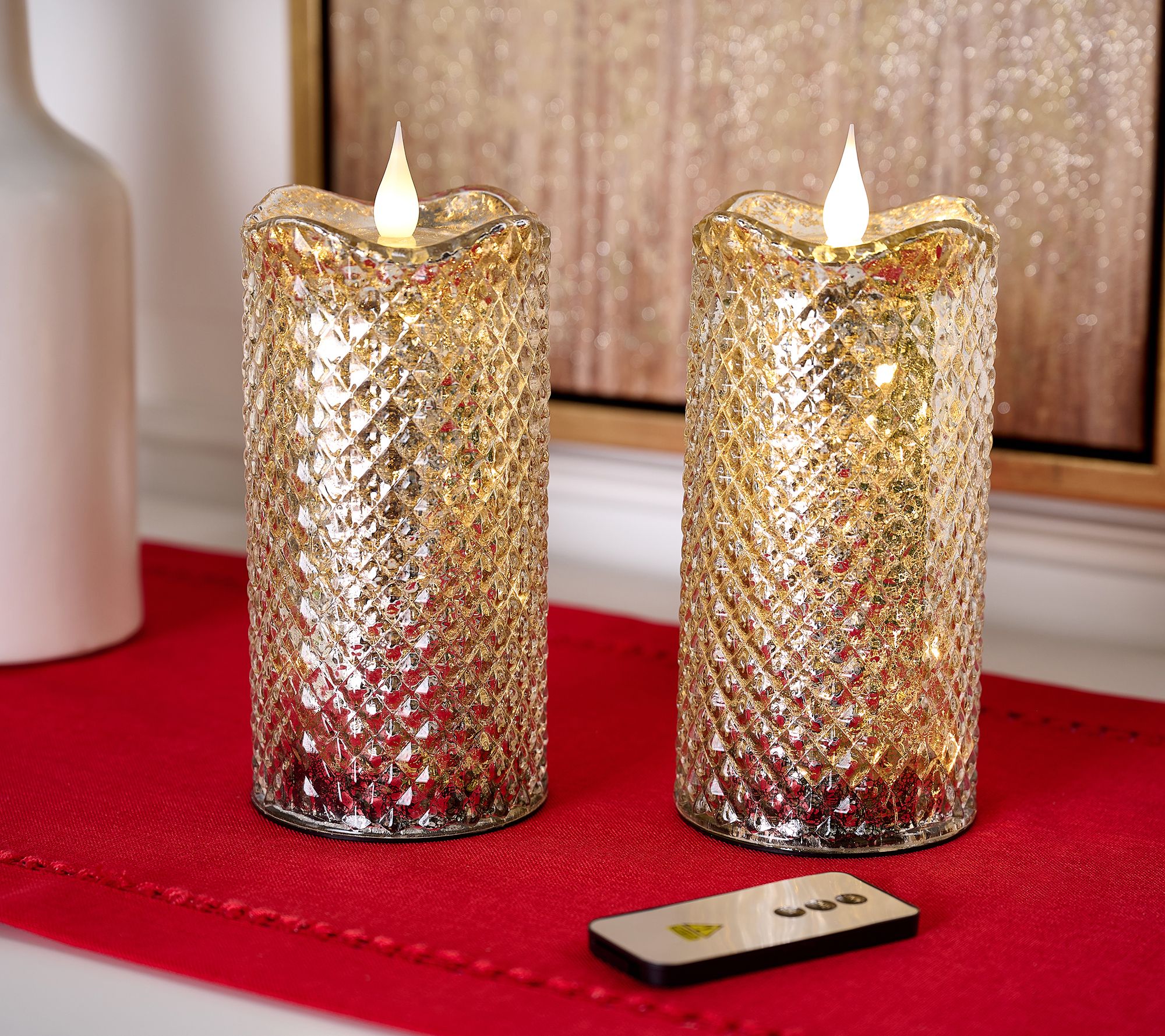 Set of 2 (8") Lit Diamond Design Candles w/ Remote by Valerie