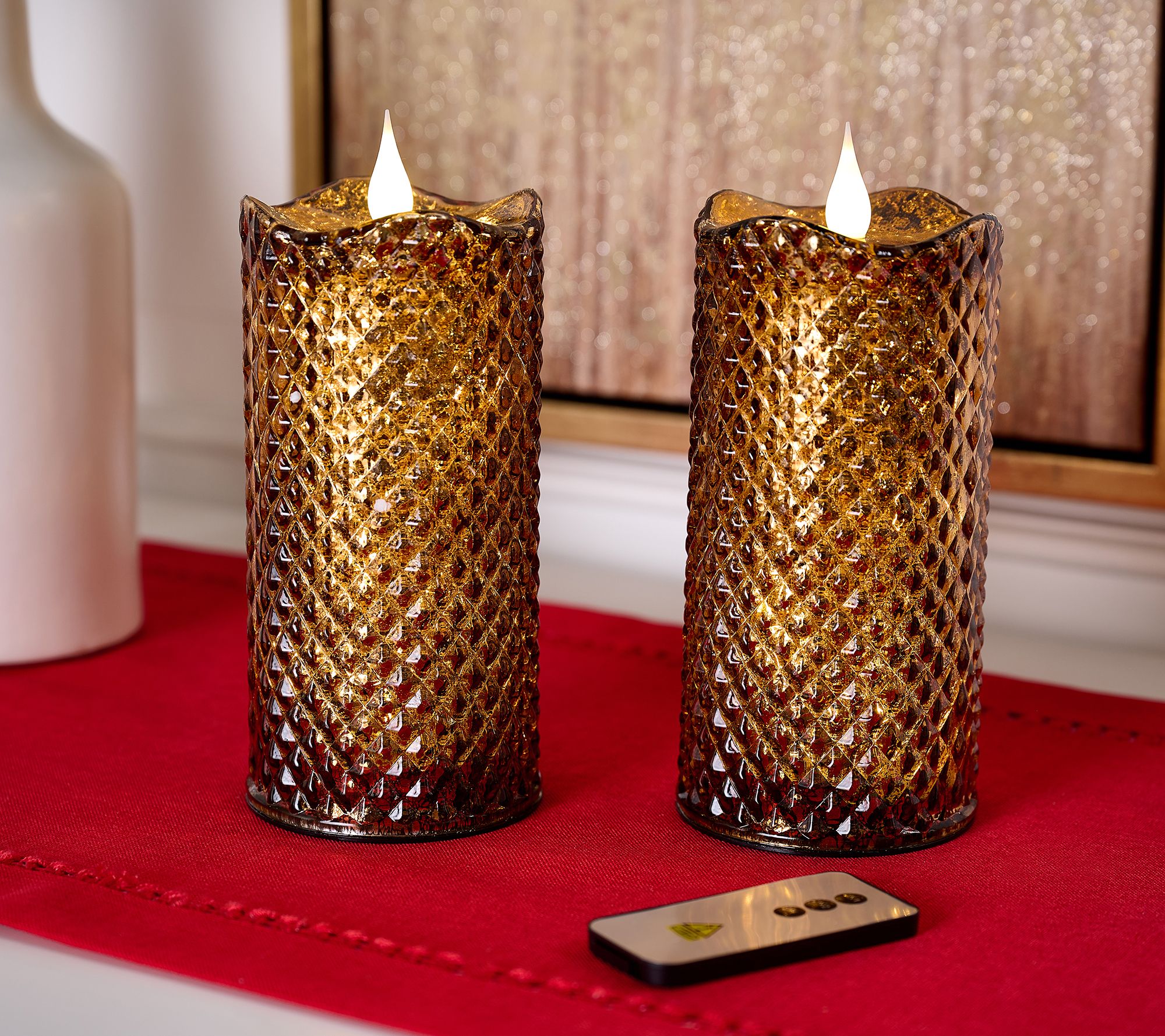 Set of 2 (8") Lit Diamond Design Candles w/ Remote by Valerie