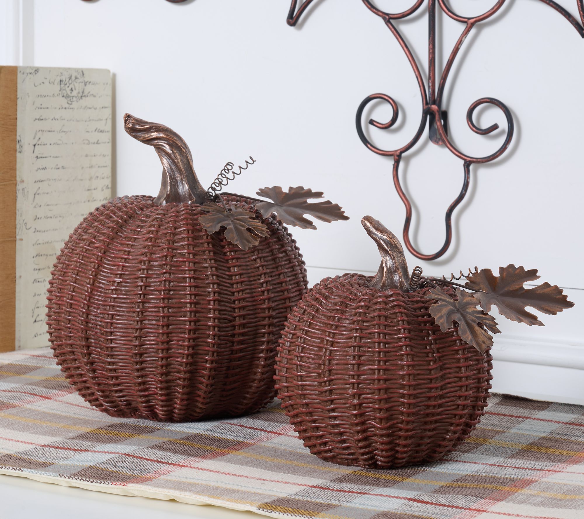 Set of 2 Basketweave Pumpkins with Metal Leaves by Valerie