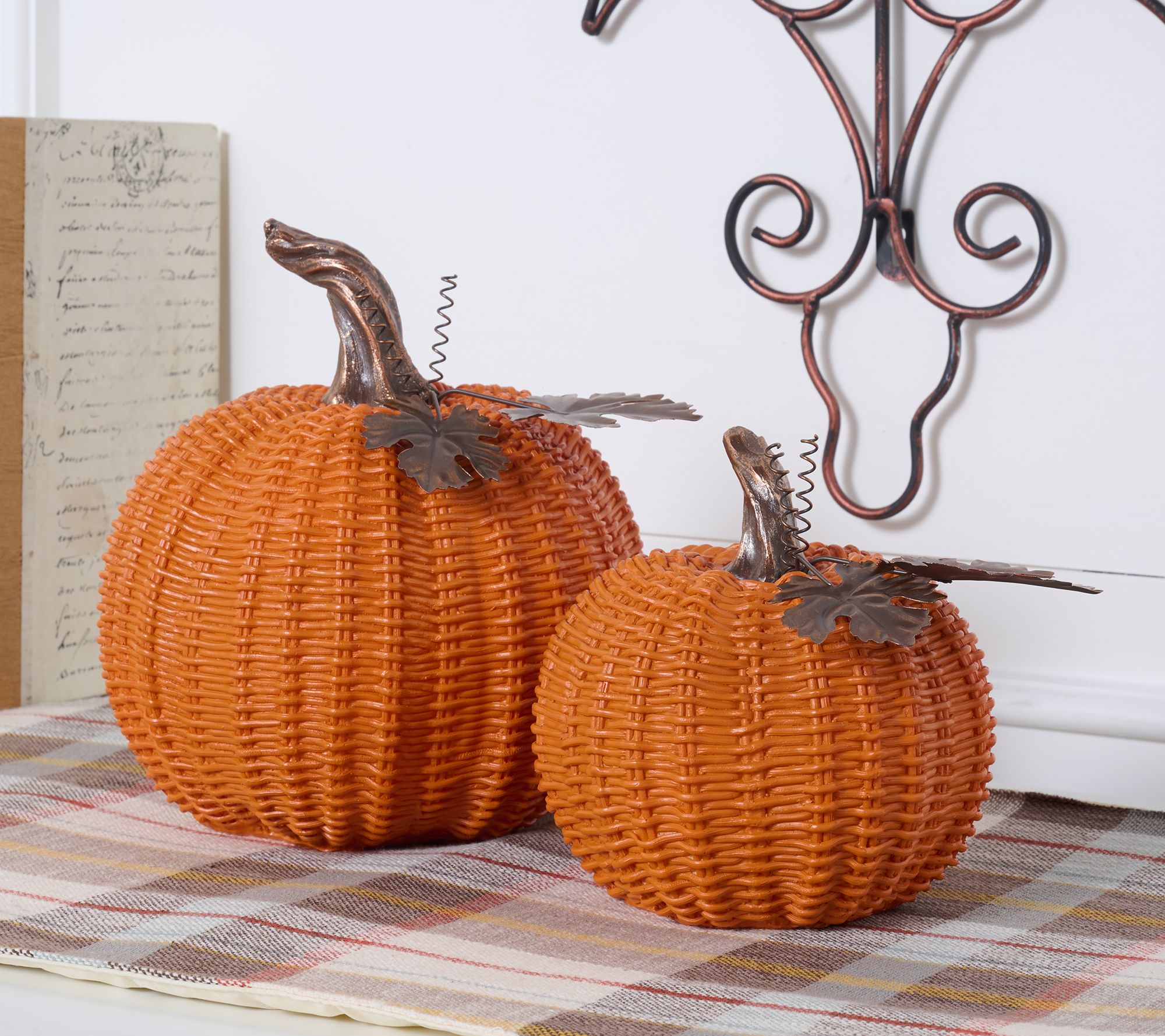 Set of 2 Basketweave Pumpkins with Metal Leaves by Valerie