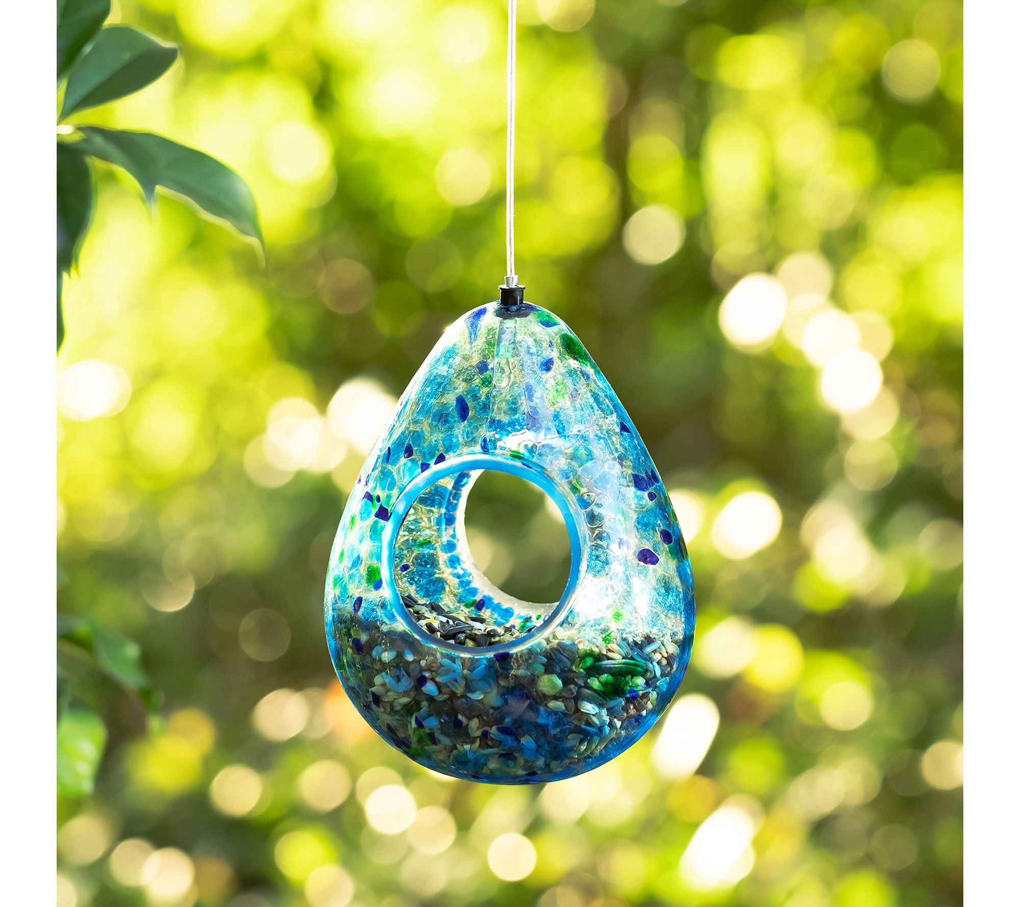 Glitzhome 7'' Artisan Glass Water Drop HangingBirdfeeder