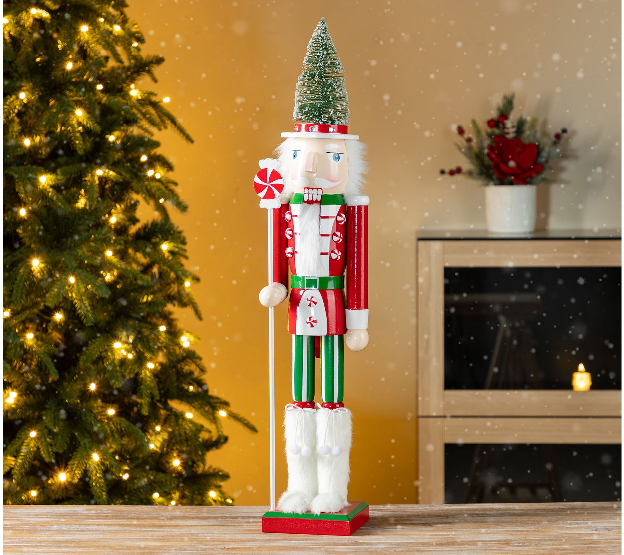 Glitzhome 26"H Wooden Christmas Green Brush Tree Nutcracker