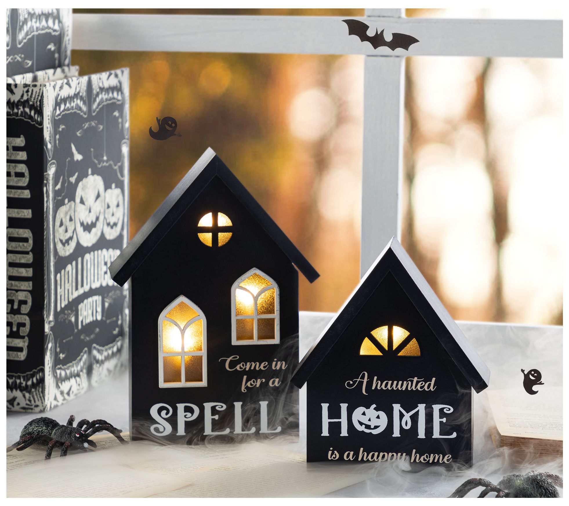 Glitzhome 8"H Lighted Halloween Spooky Houses Table Decor S/2