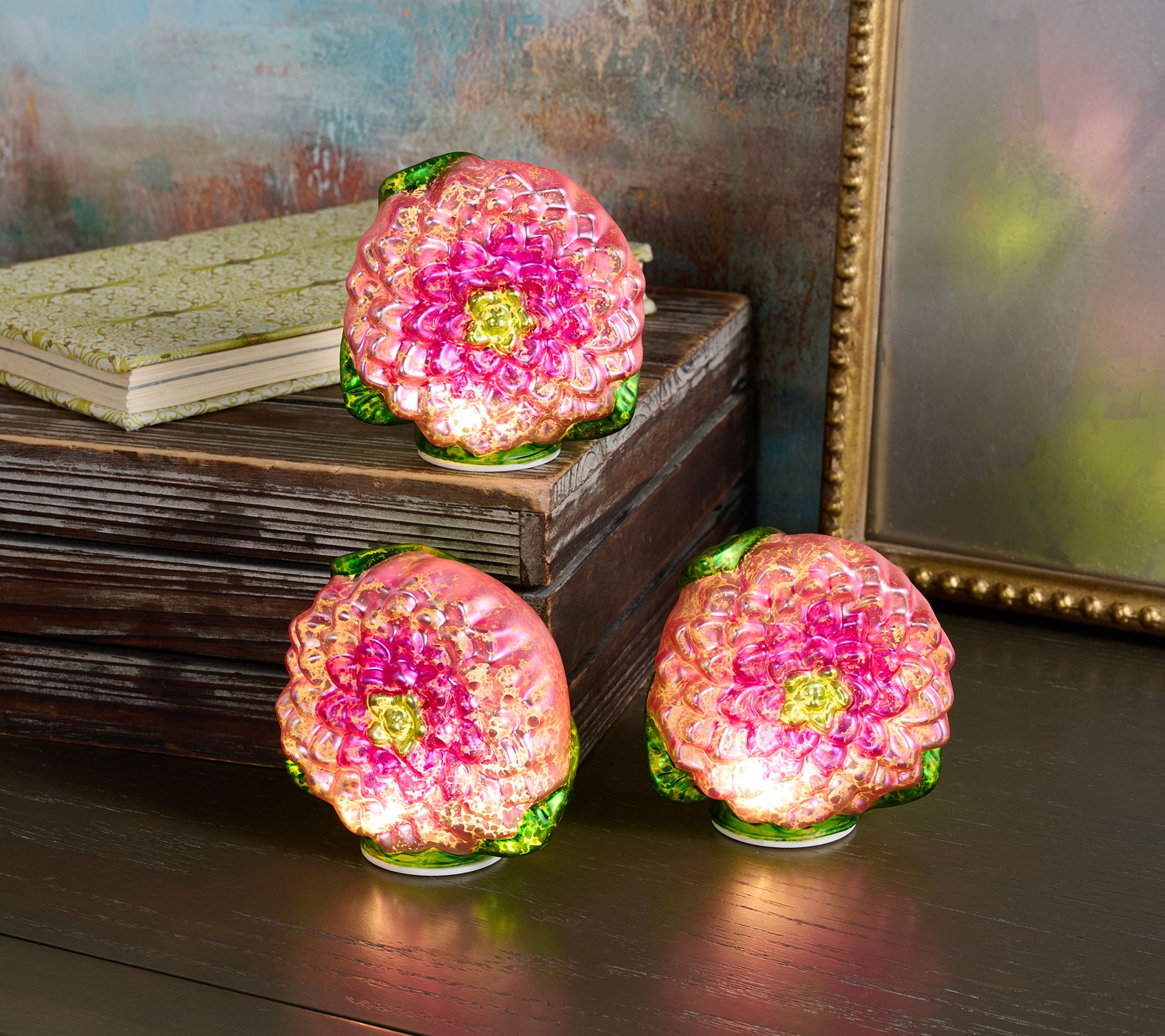 Set of 3 Illuminated Mercury Glass Flowers by Valerie