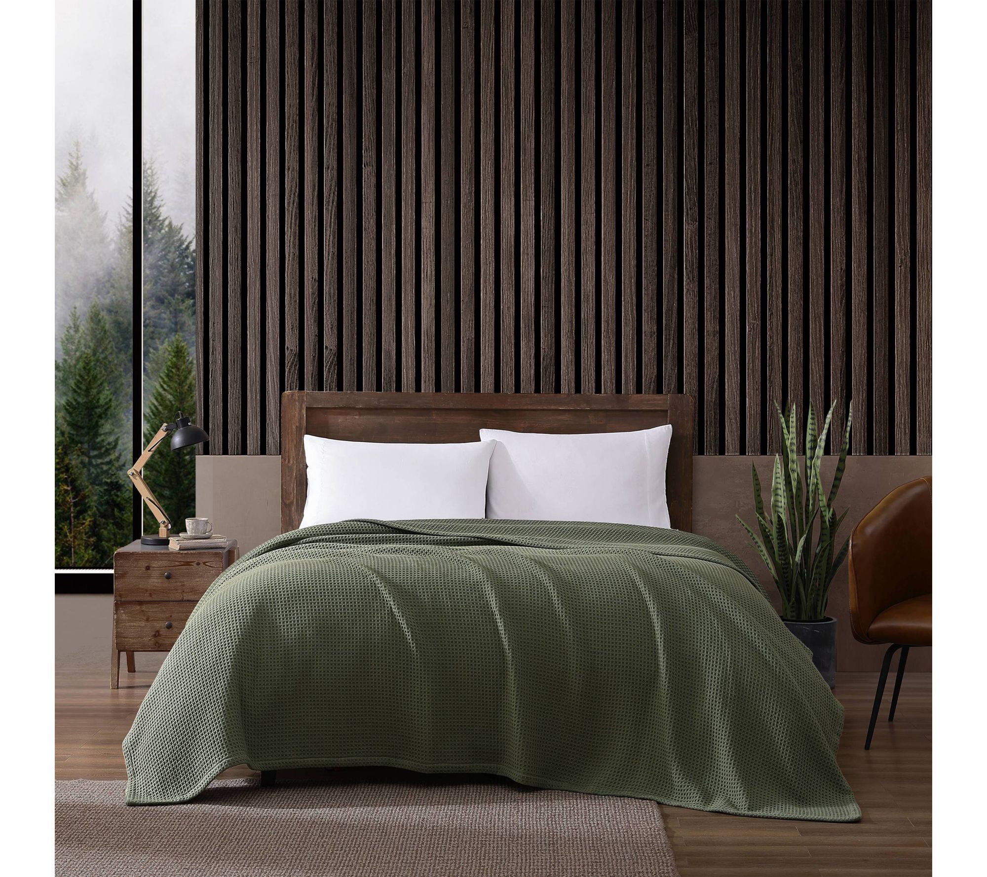 Eddie Bauer Solid Waffle Green Cotton King Blanket