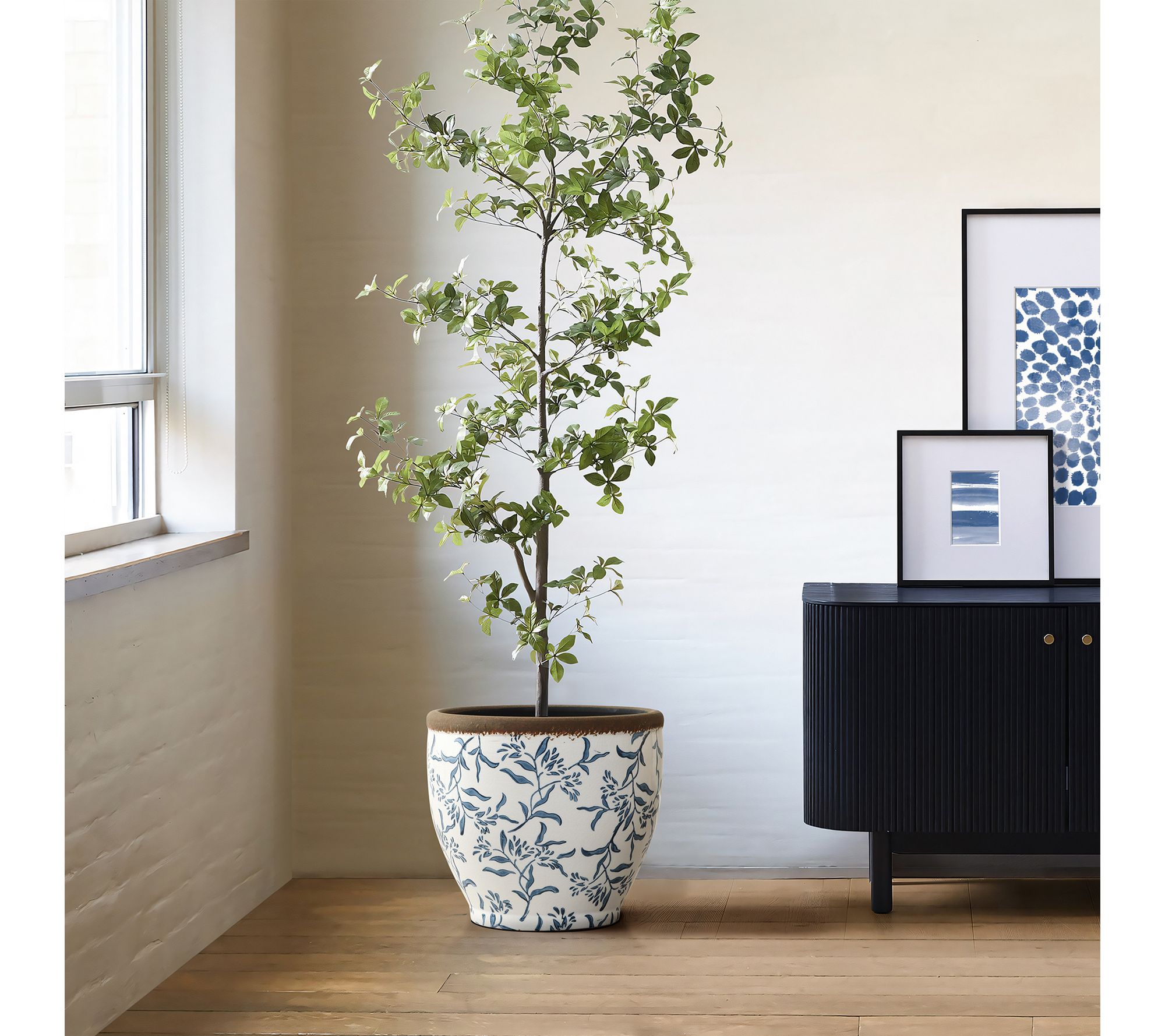 LuxenHome Blue Floral Ceramic Planter, 12.2" Round, Tapered
