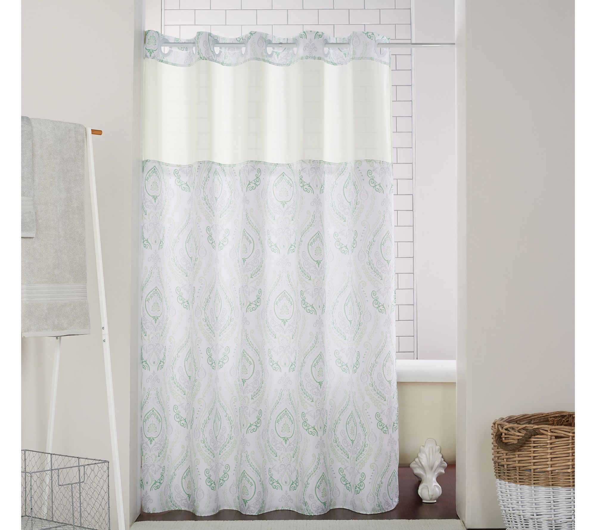 Hookless French Damask Shower Curtain, Hookless Escape Fabric Shower Curtain And Shower Curtain Liner Set