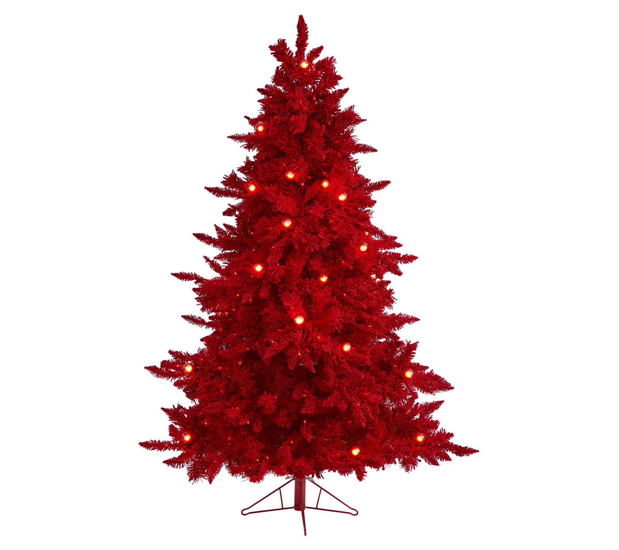 Nearly Natural 6' Red Flocked Christmas Tree w/ Lights - QVC.com