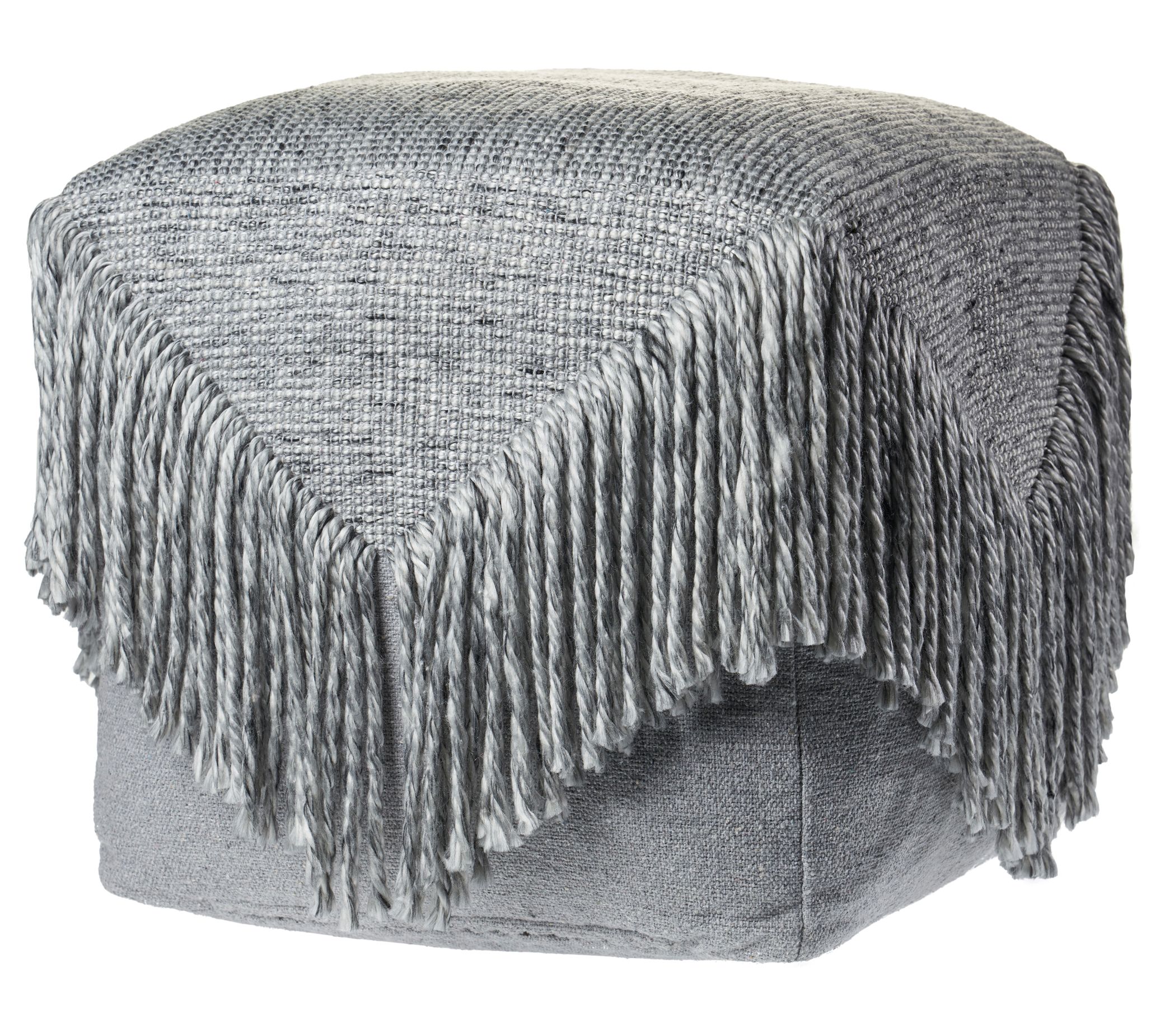 Ox Bay Distressed Fringe Wool Blend Pouf Ottoman