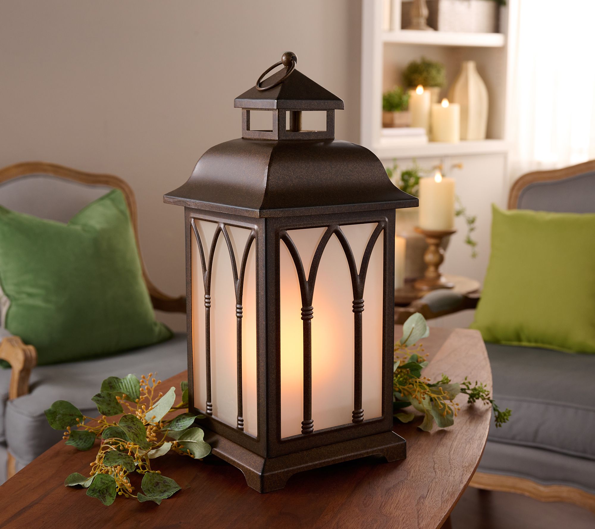 18" In/Outdoor Flickering Flame Cathedral Window Lantern by Valerie