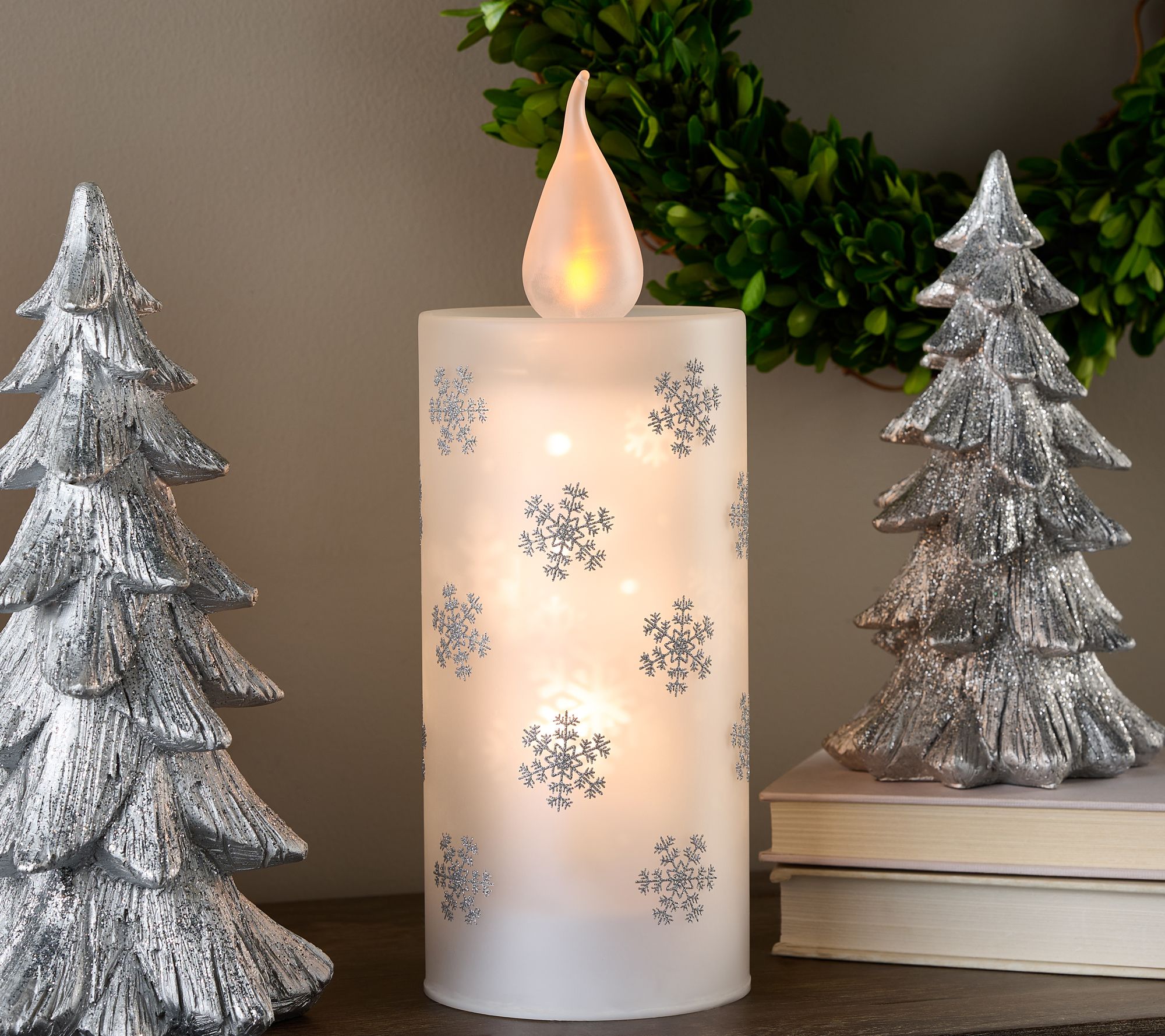 Illuminated Rotating Snowflakes Glass Candle by Valerie