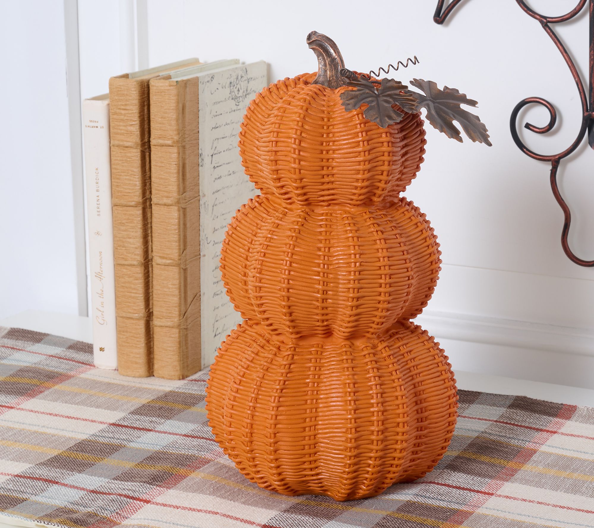 12" Basketweave Stacked Pumpkins with Metal Leaves by Valerie