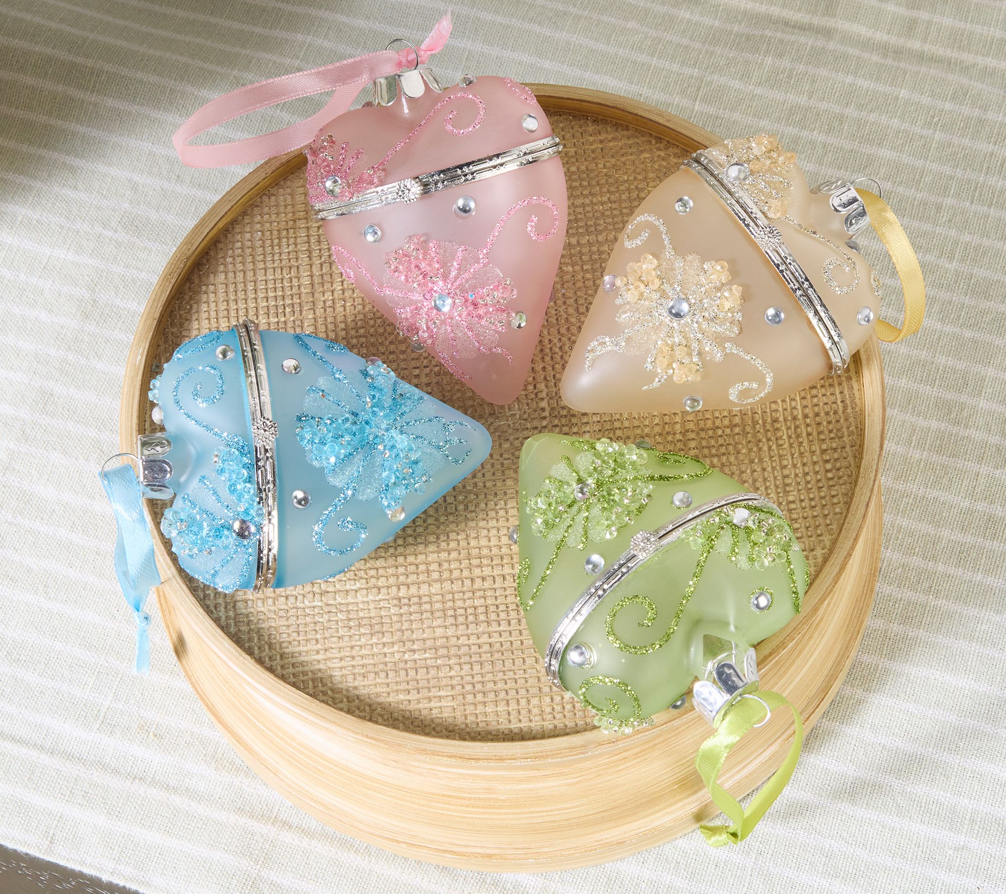  Set of (4) 3.5" Hinged Beaded Glass Hearts by Valerie