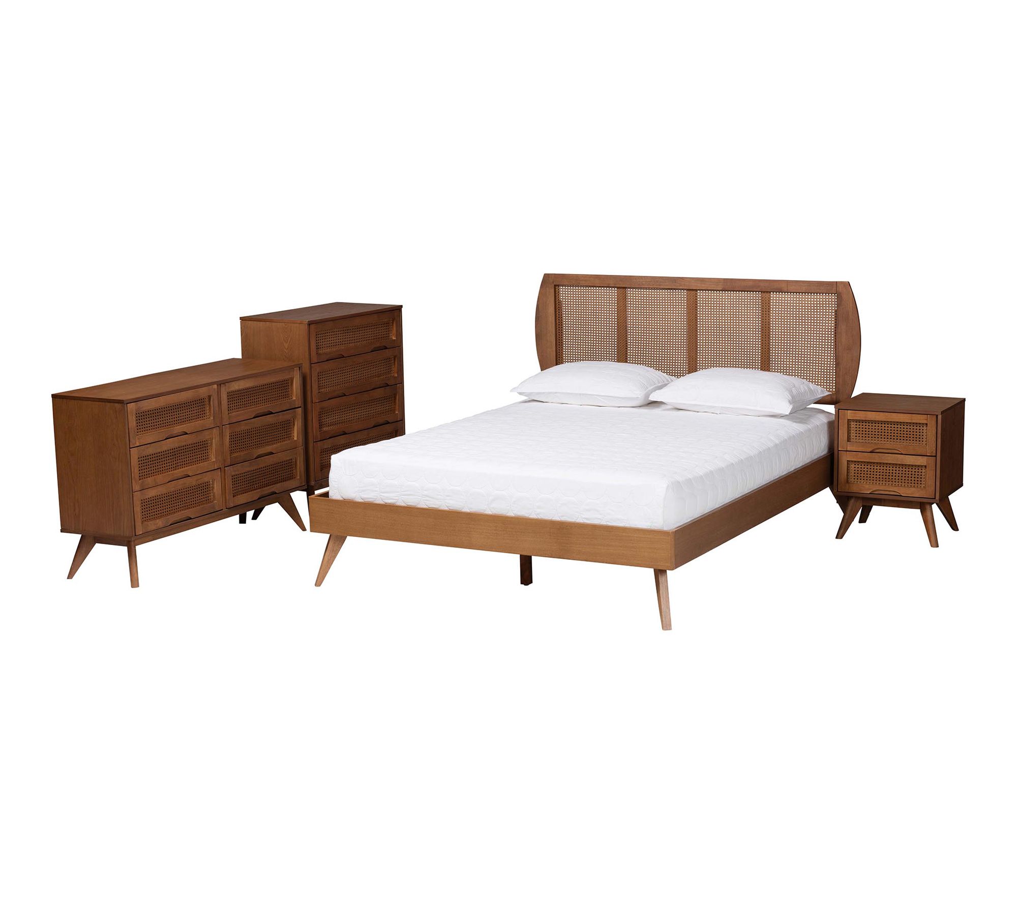 Baxton Studio Asami Wood and Rattan Queen 4-Piece Bedroom Set