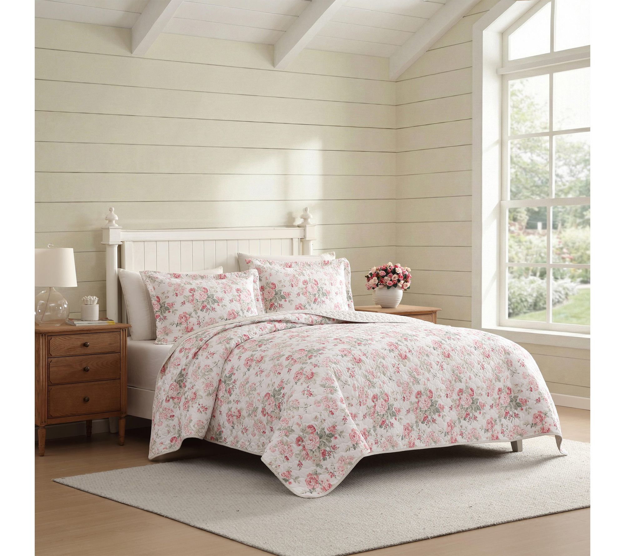 Laura Ashley Rosemoore Pink/Green Cotton QueenQuilt Set