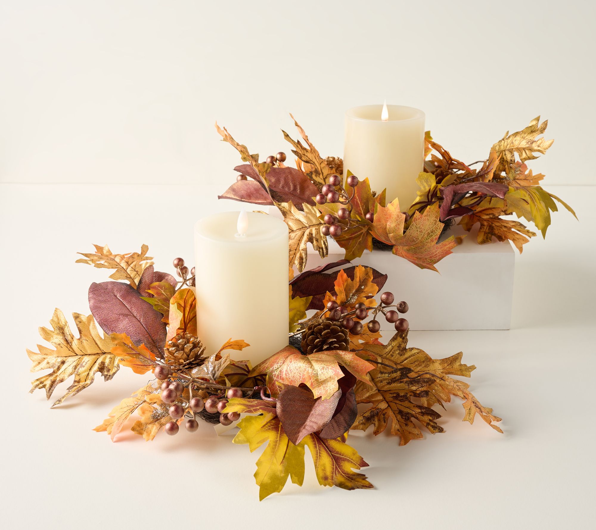 "As Is" S/2 Harvest Leaves and Pinecones Candle Rings by Valerie