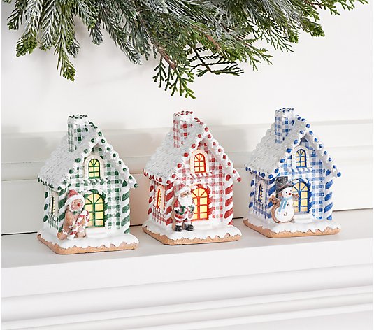 S/3 Illuminated Checked Gingerbread Houses by Valerie
