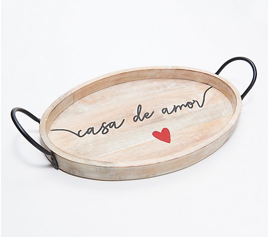 Peace Love World 19" Oval Wood Tray with Metal Handles