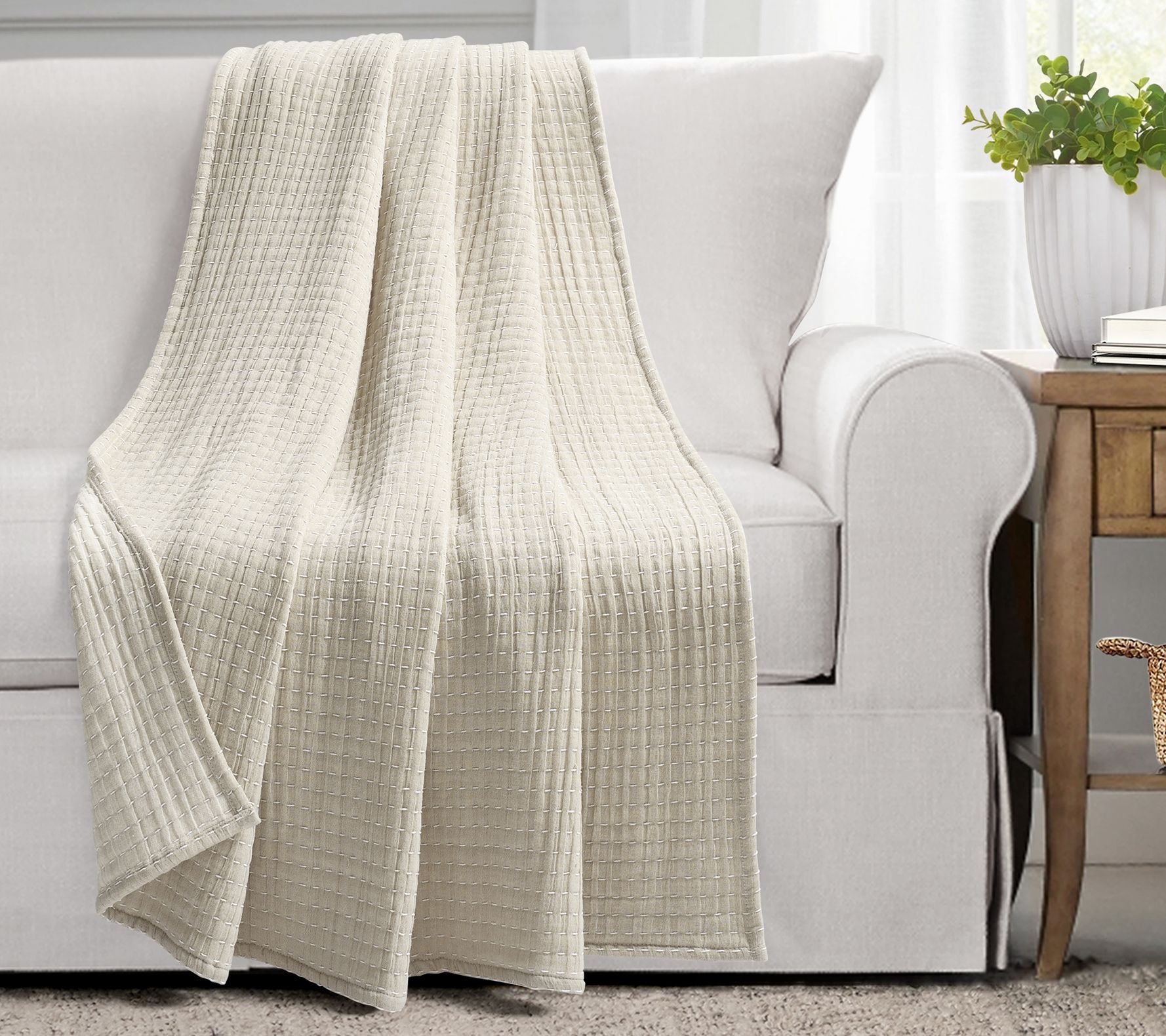 Solid Kantha Pick Stitch Yarn-Dyed Cotton 50" x60" Throw