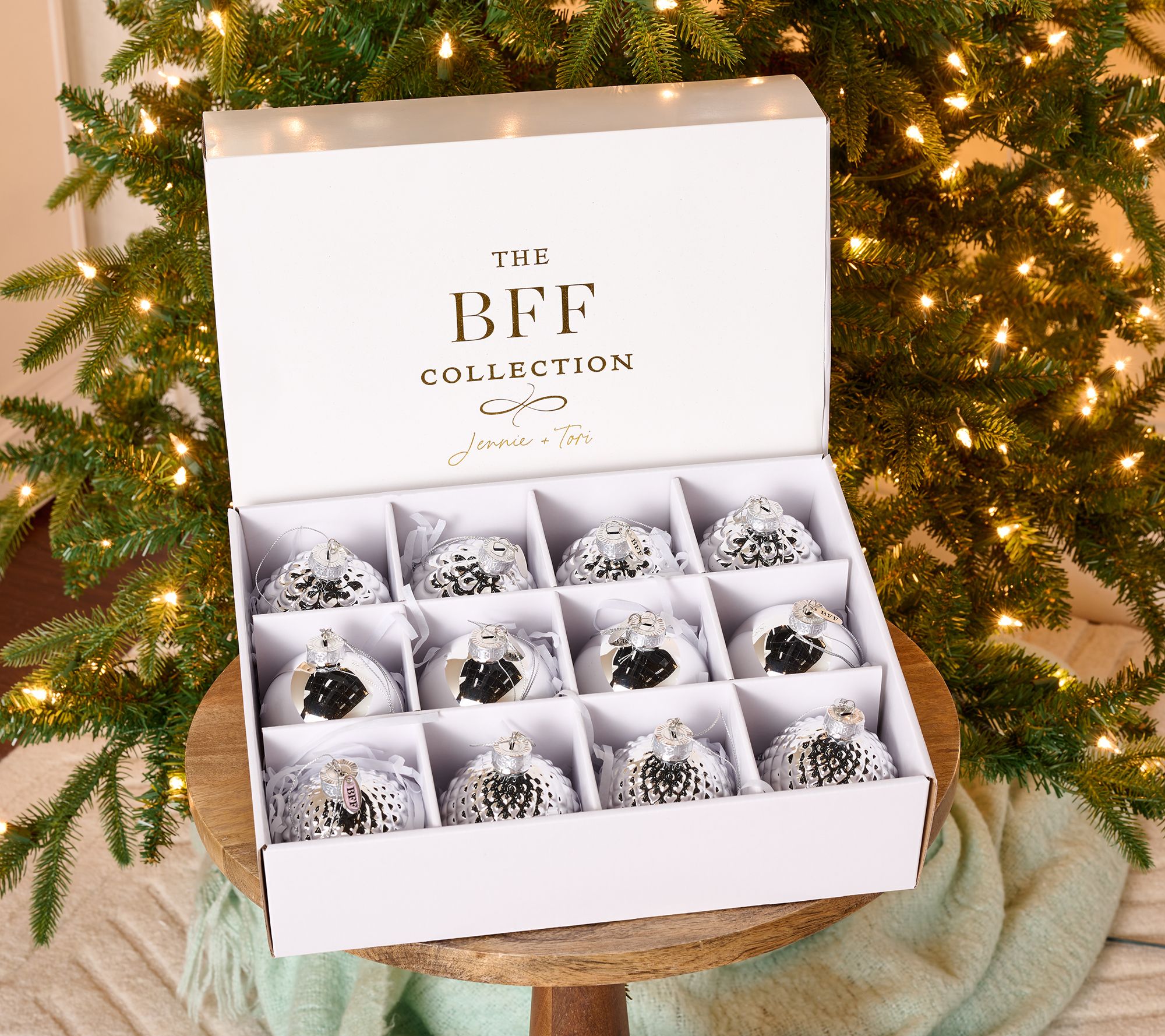 BFF Collection Set of 12 Metallic Glass Ornaments with Gift Box