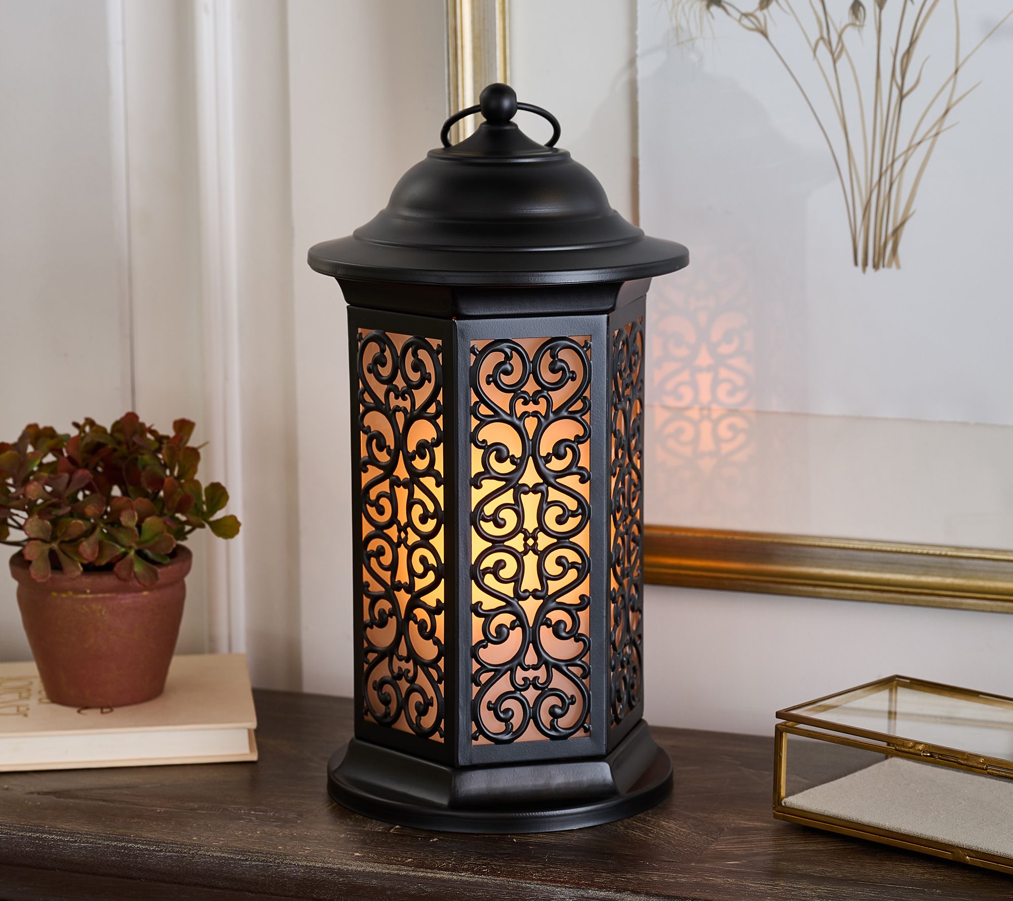 14" In/Outdoor Flickering Flame Scroll Lantern By Valerie