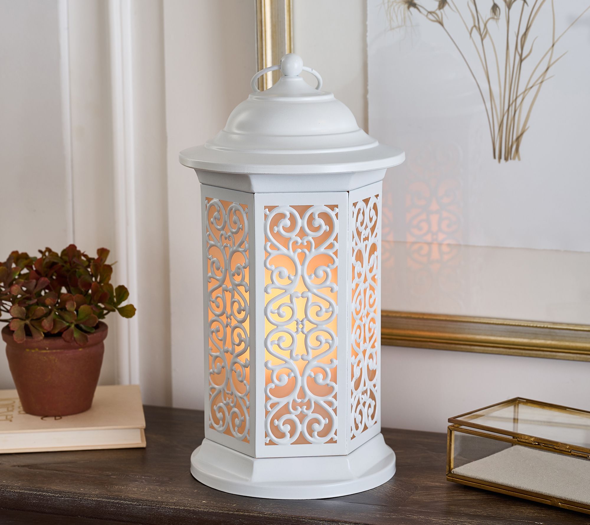 14" In/Outdoor Flickering Flame Scroll Lantern By Valerie