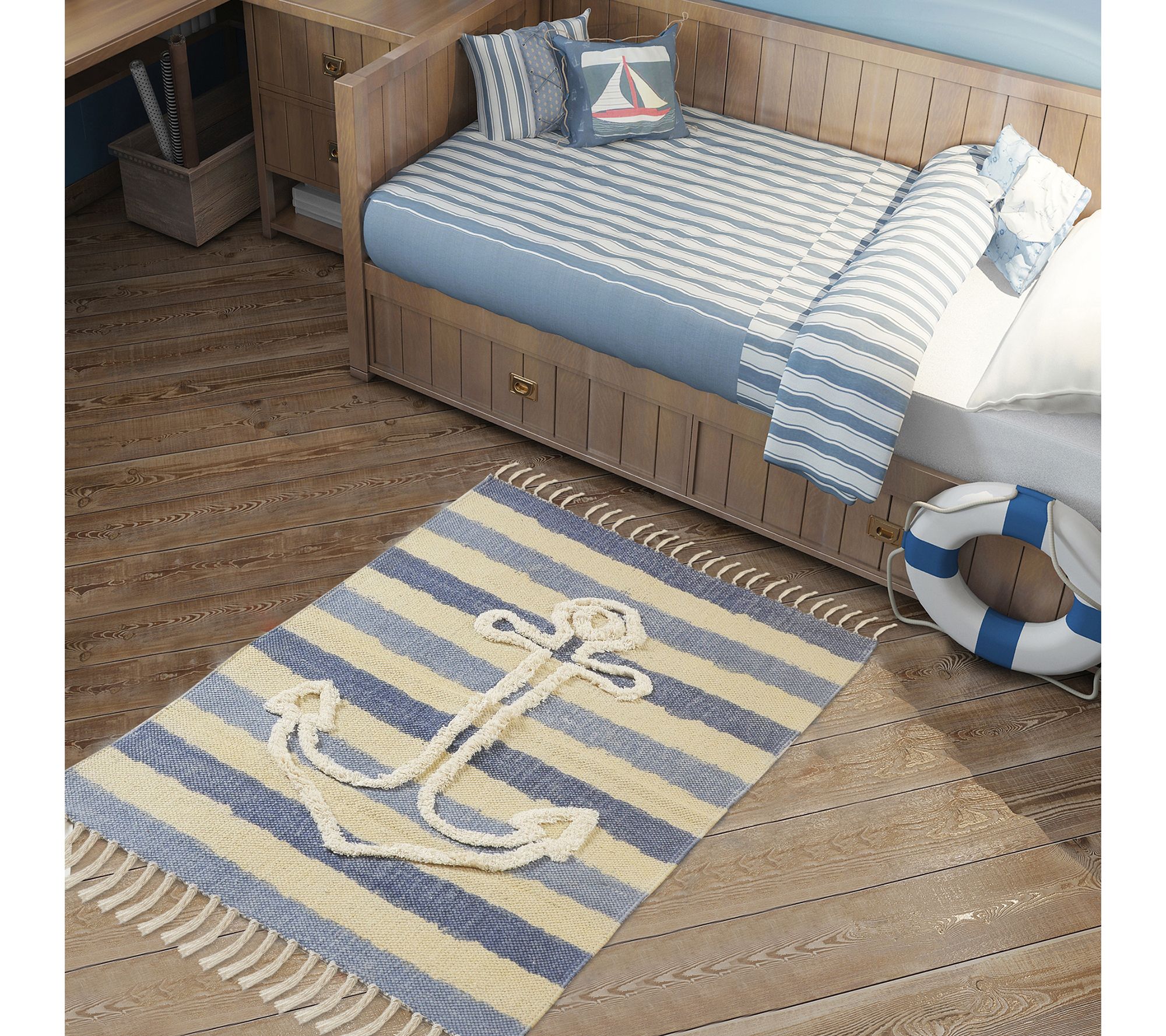 Ox Bay Nautical Anchor Cotton Indoor Rug, Blue,2'6" x 3'9"