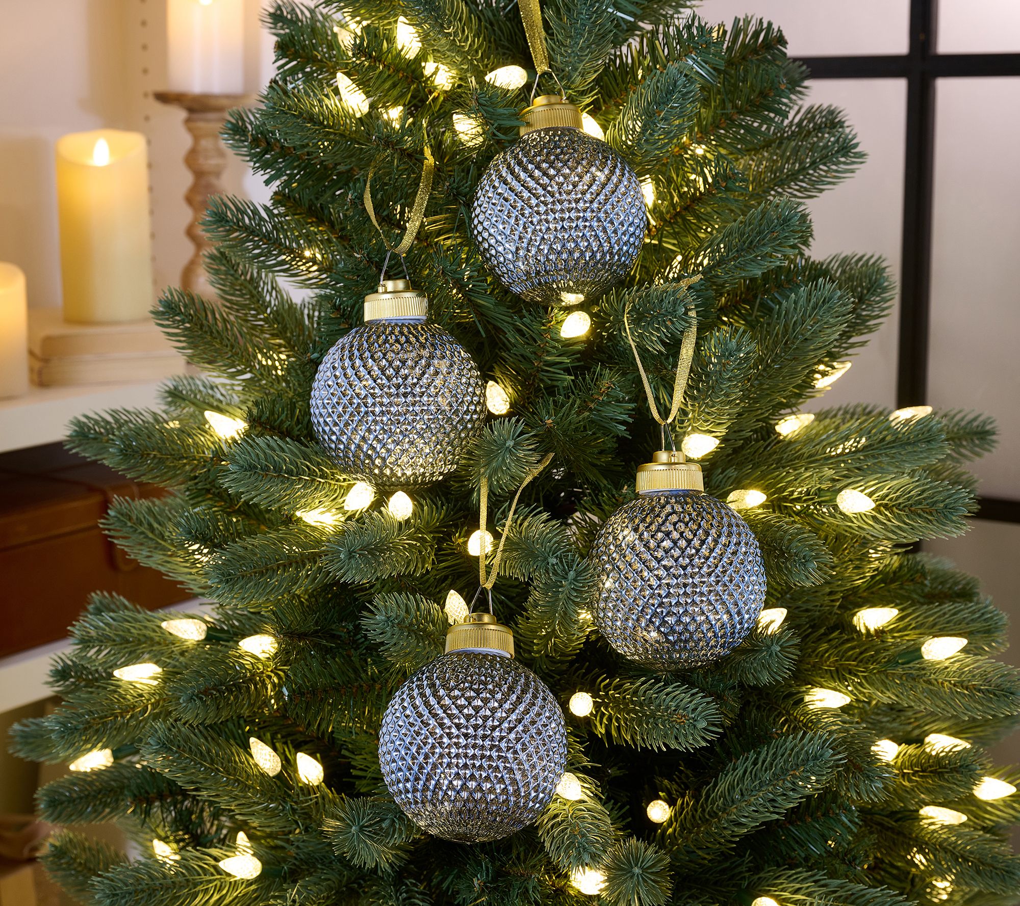  S/4 Illuminated Diamond Glass 4" Ornaments w/ Sheer Bags by Valerie