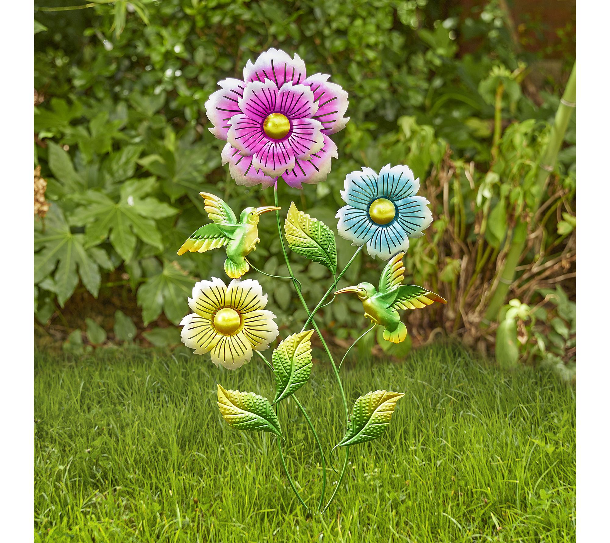 Glitzhome 34" Garden Flower and Hummingbird Garden Stake