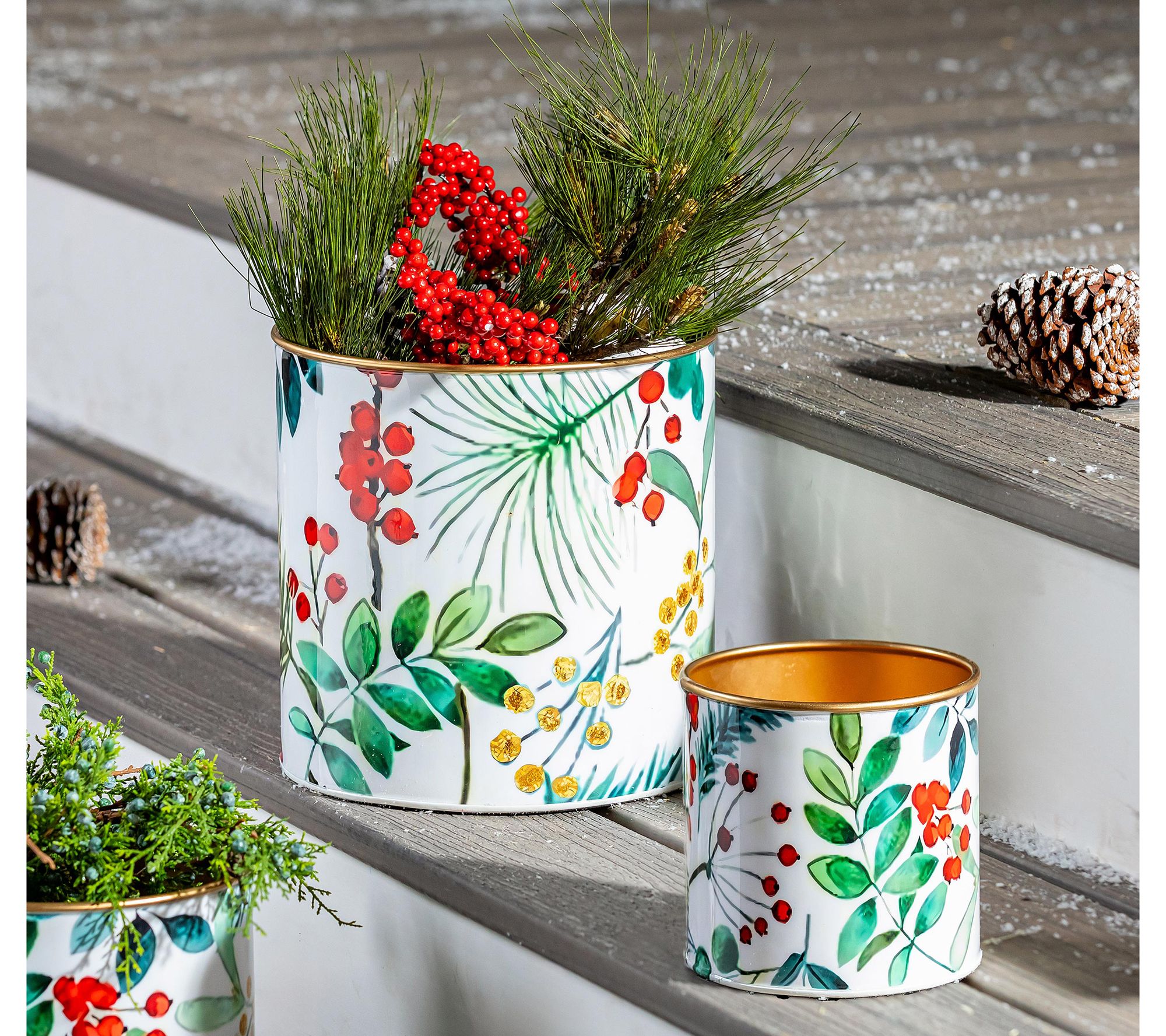 Evergreen Set of 3 Festive Foliage Printed Metal Planters