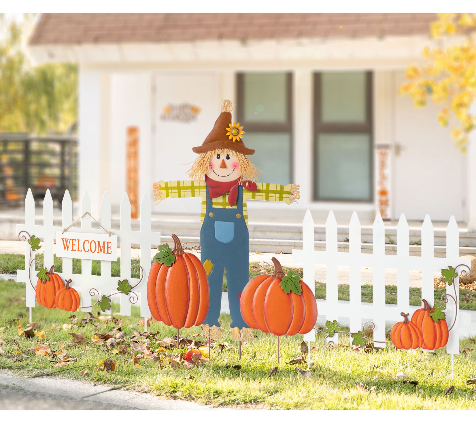Glitzhome Fall Metal Scarecrow, Pumpkin & FenceStakes 5-Piece