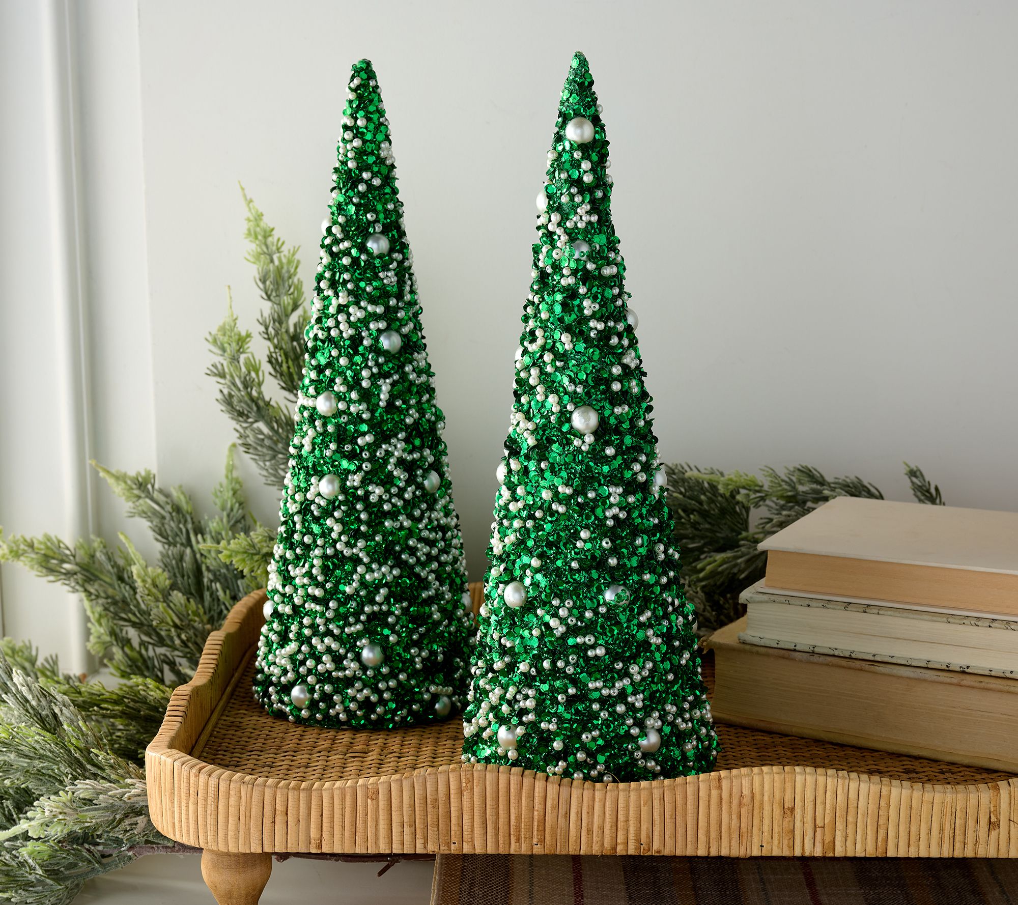 "As Is" Set of 2 Pearl and Glitter Cone Trees by Valerie