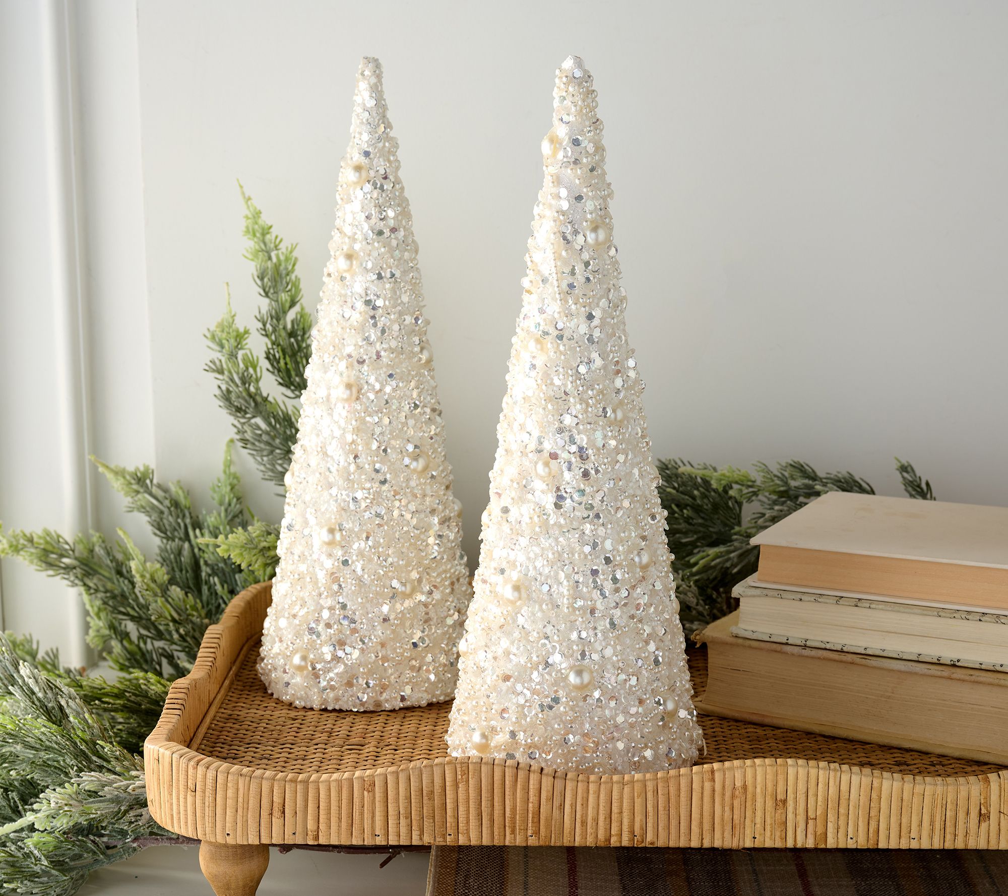 "As Is" Set of 2 Pearl and Glitter Cone Trees by Valerie