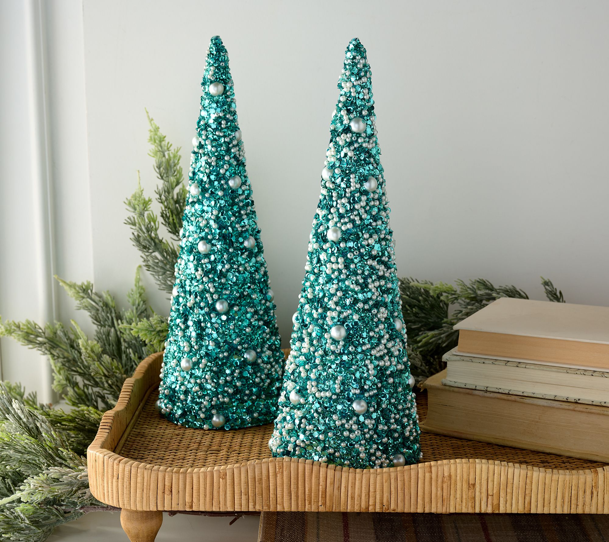 "As Is" Set of 2 Pearl and Glitter Cone Trees by Valerie
