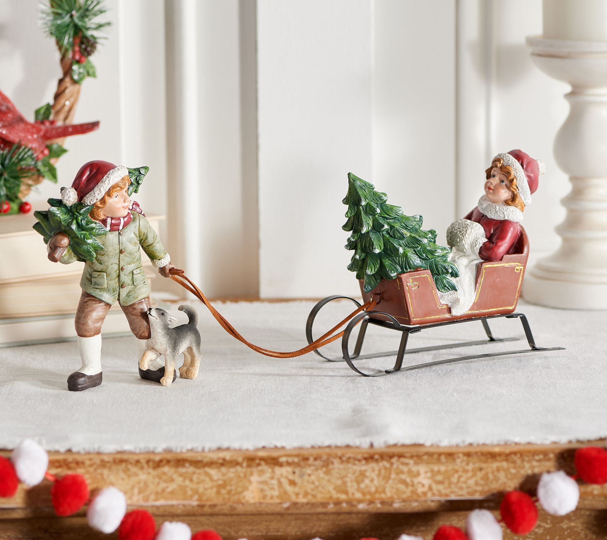 Set of 2 Vintage Children with Trees and Sled by Valerie