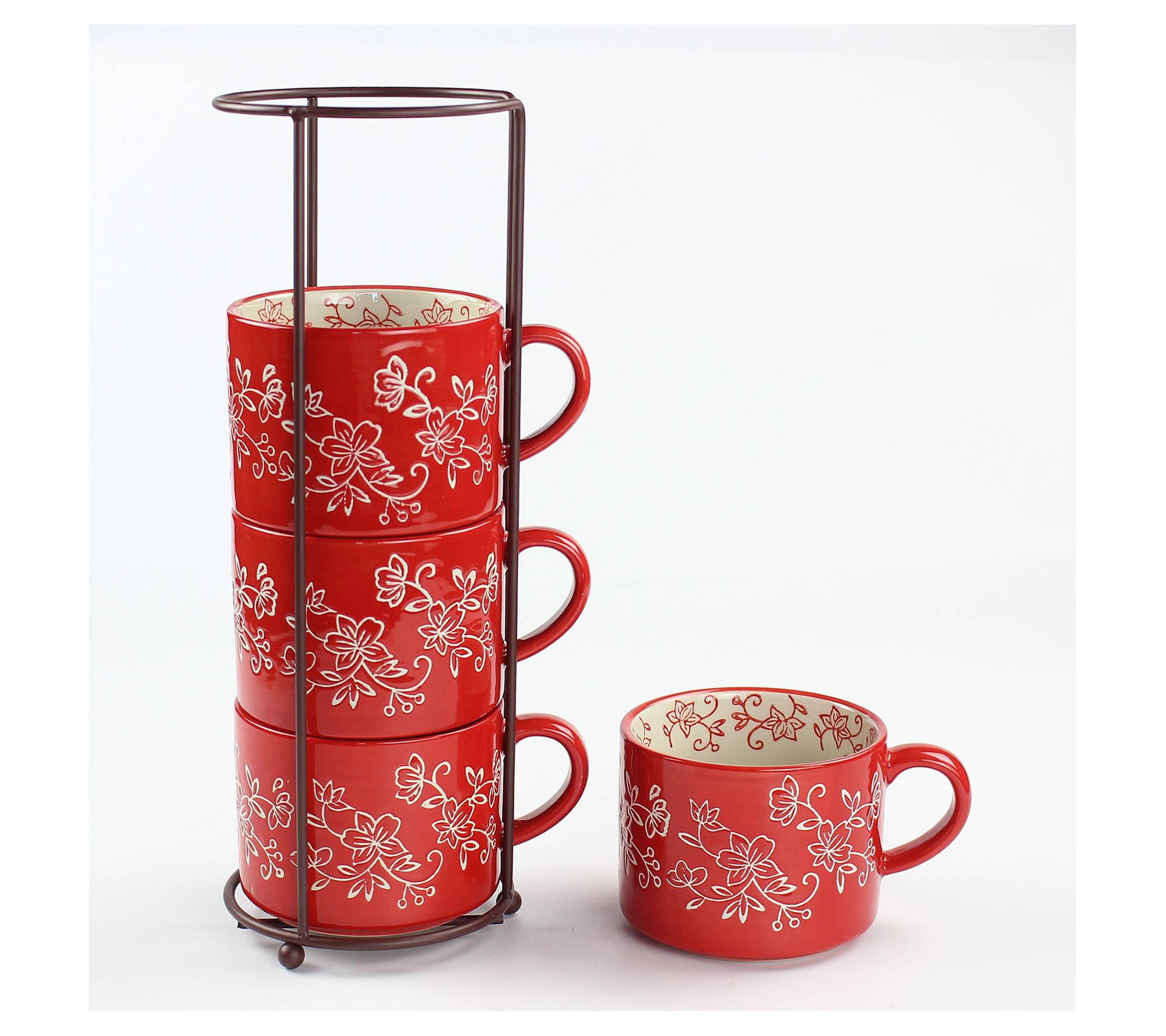 Temp-tations Floral Lace Set of (4) 14-oz Stackable Mugs with Rack