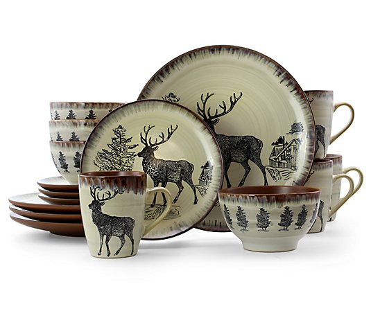 Elama Majestic Elk 16-Piece Round Stoneware Dinnerware Set
