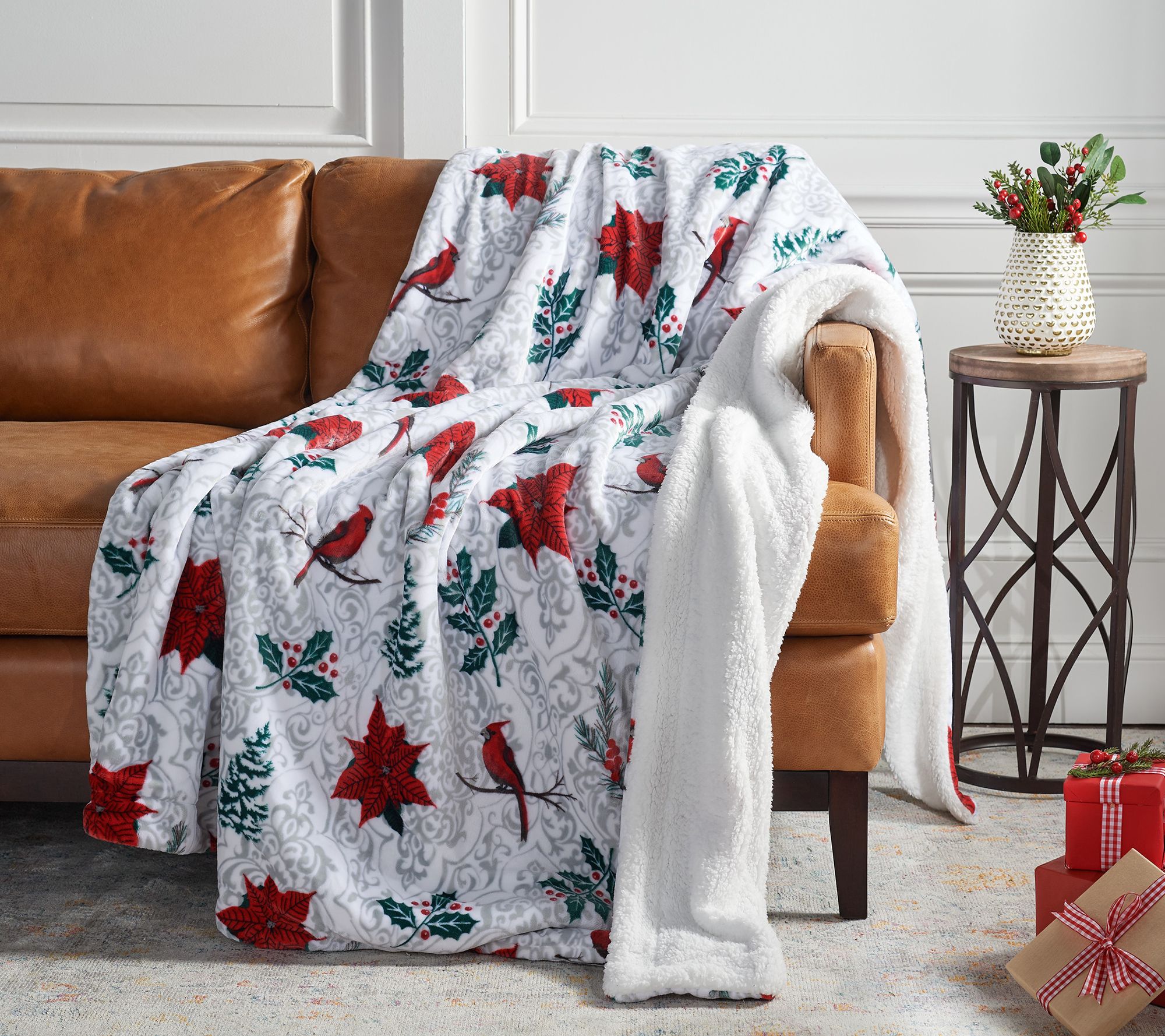 "As Is" Home Reflections Holiday Motif Throw with Sherpa Reverse