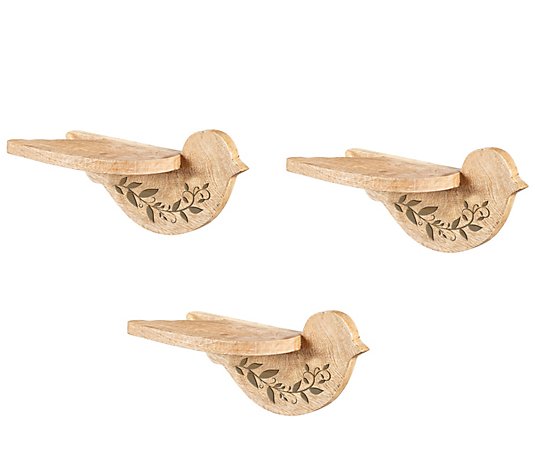 R. Nest Set of 3 Wood-Pierced Bird Wall Shelves