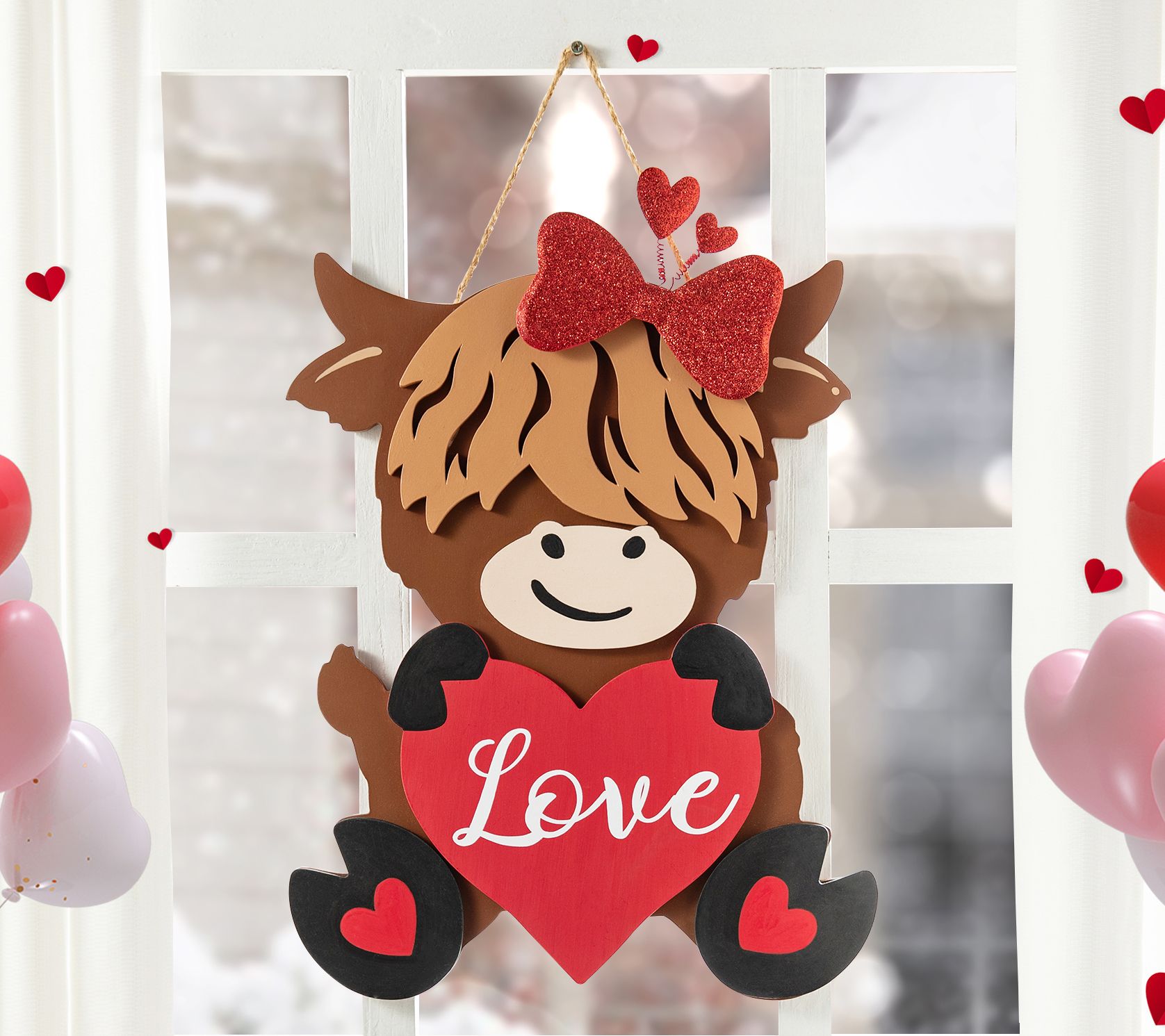 Glitzhome 18"H Valentine's Highland Cow with Heart Door Hanger